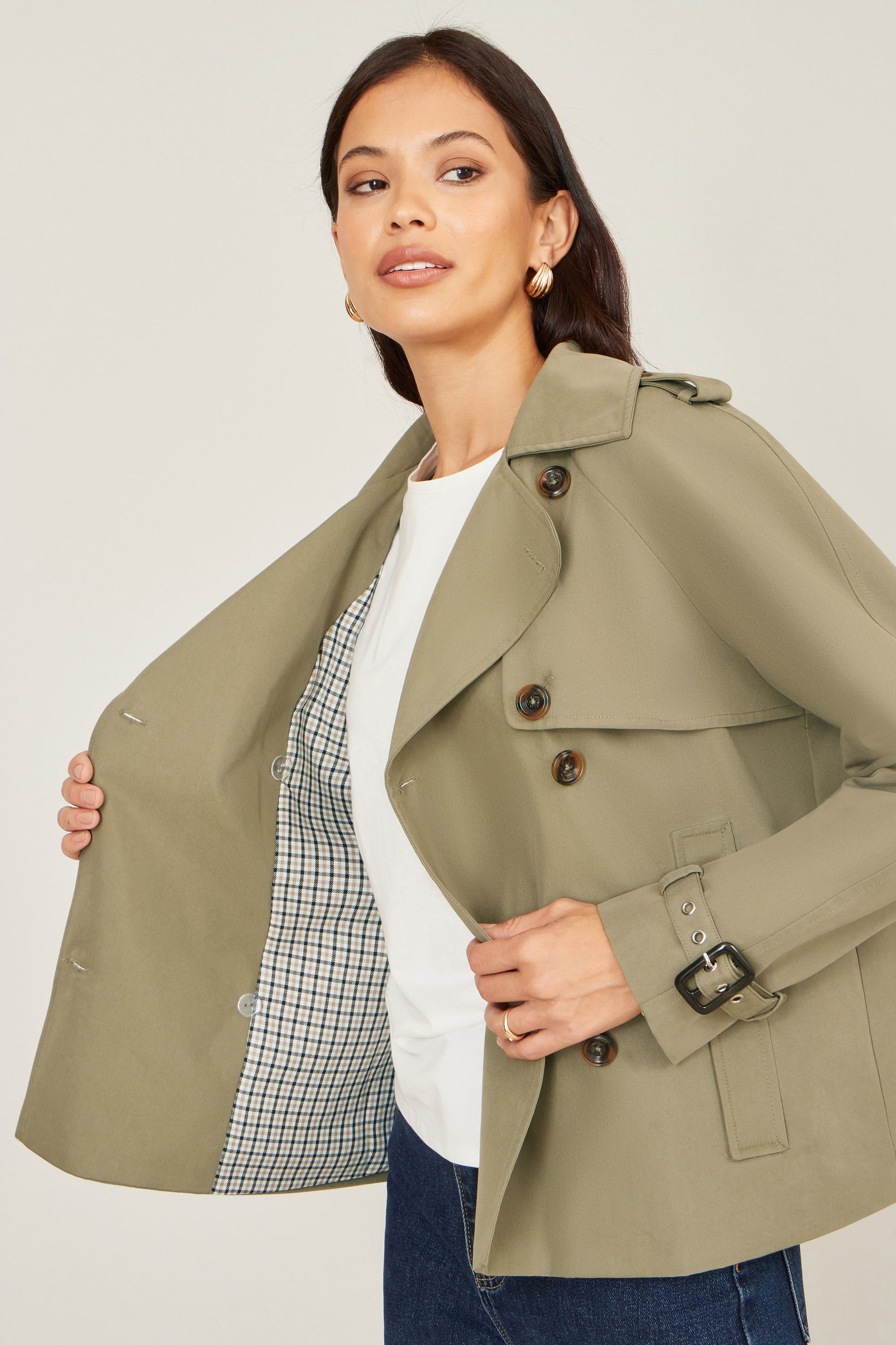 Yumi Green Cropped Trench Jacket With Pockets and Check Lining Outerwear Yumi