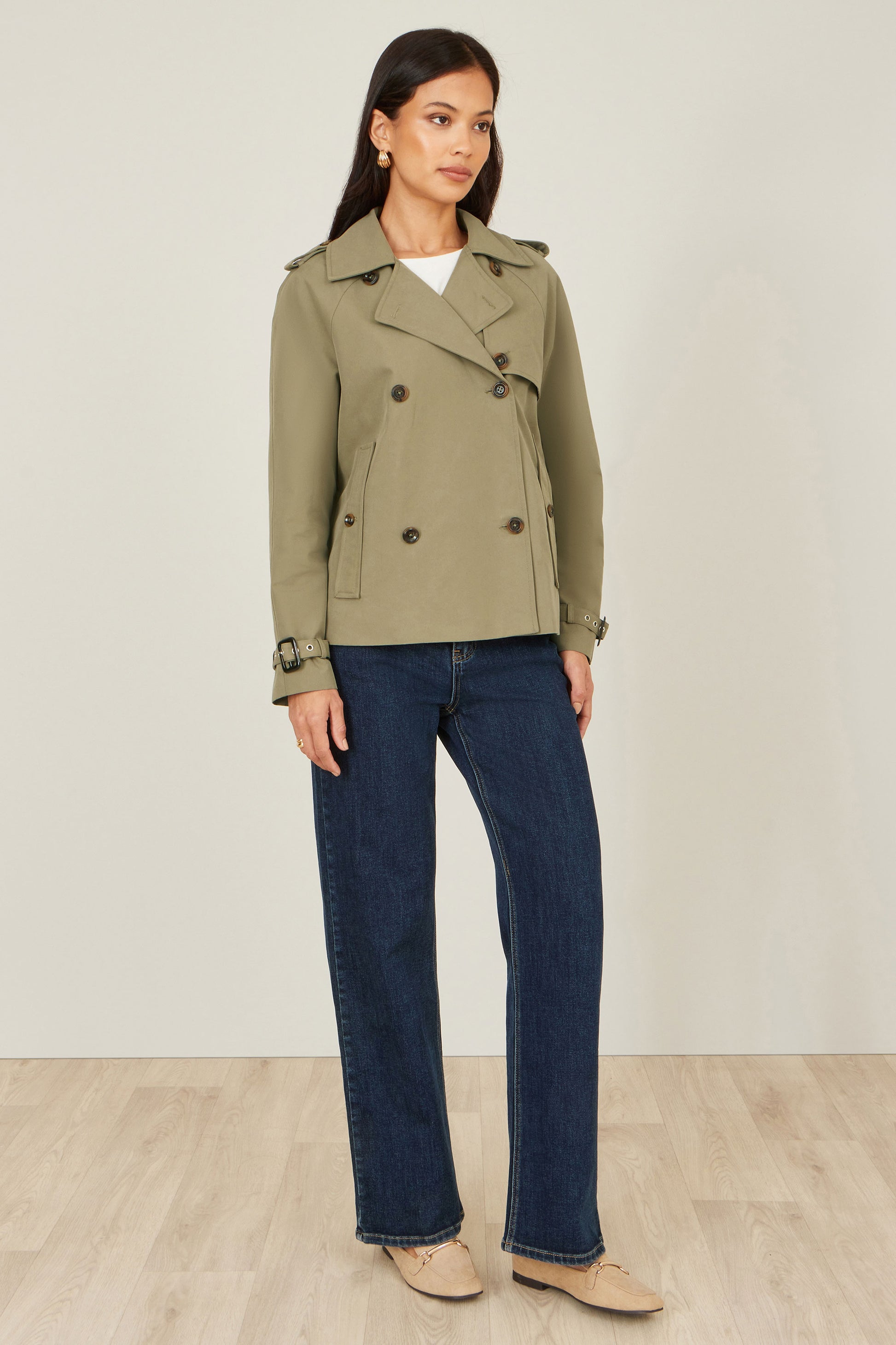 Yumi Green Cropped Trench Jacket With Pockets and Check Lining Outerwear Yumi
