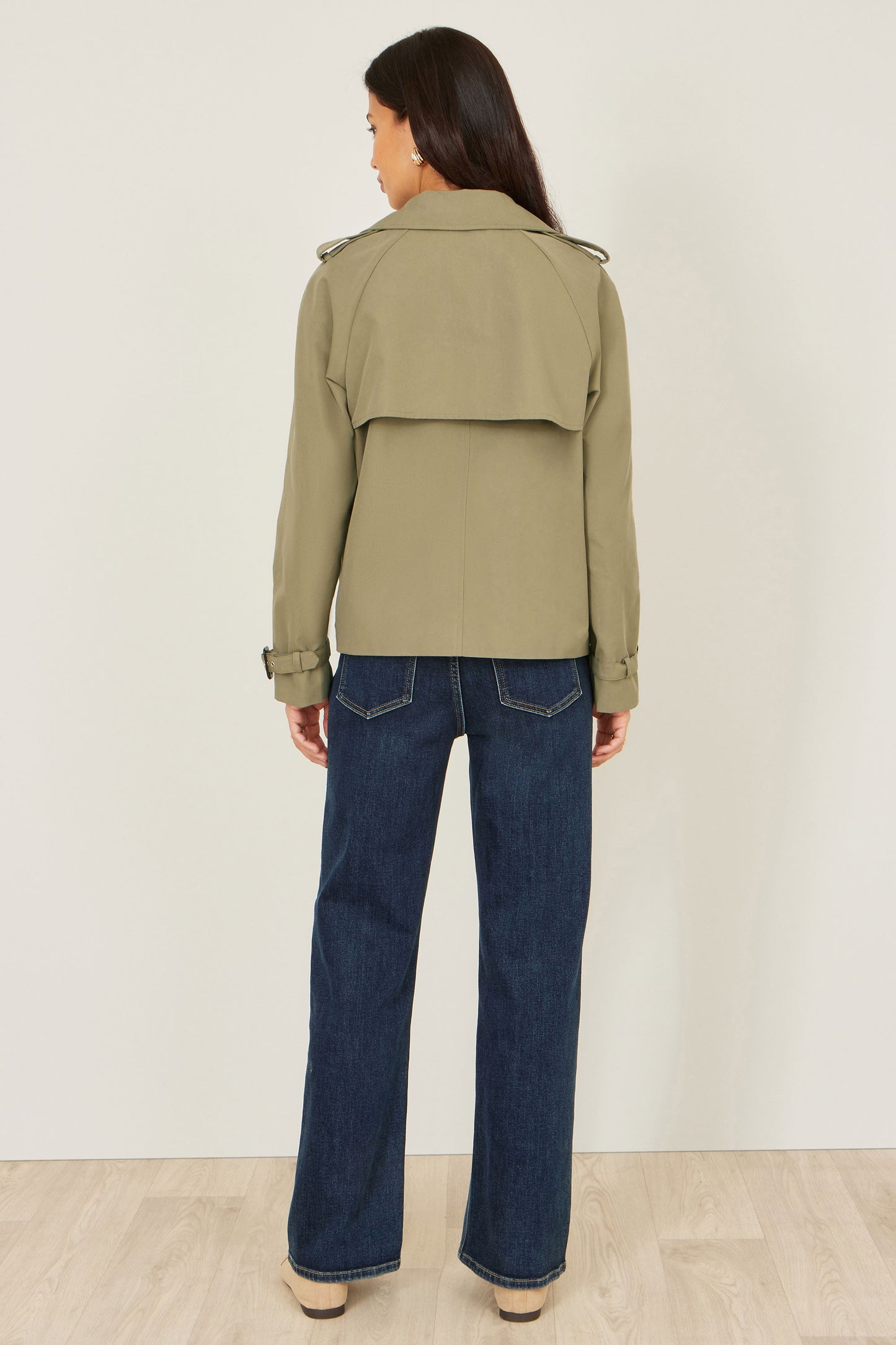 Yumi Green Cropped Trench Jacket With Pockets and Check Lining Outerwear Yumi