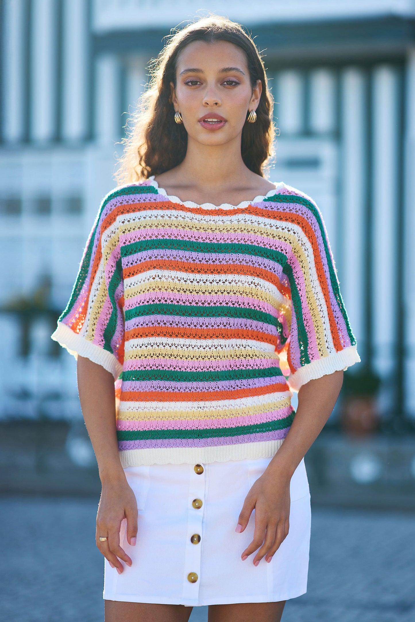 Yumi Multicolour Batwing Crochet Top Knit Top Yumi