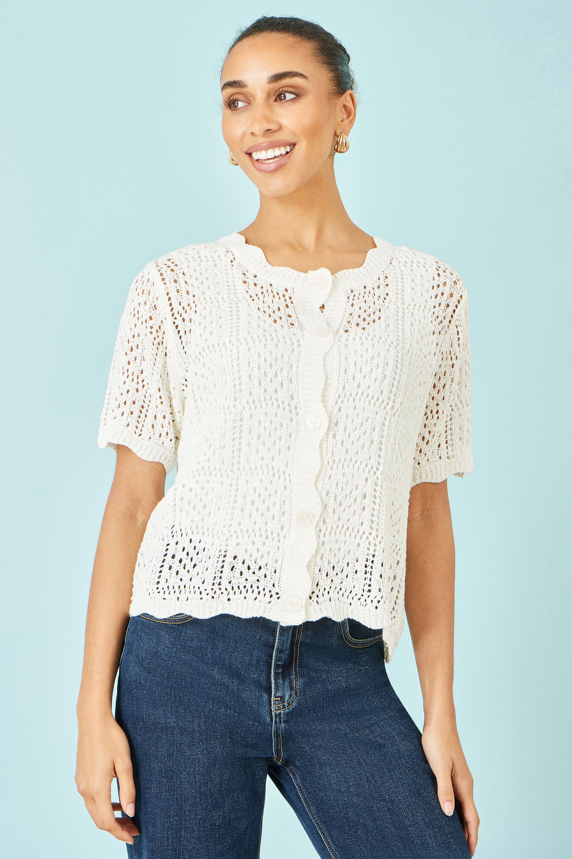Yumi White Crochet Short Sleeve Cardigan Knit Cardigan Yumi