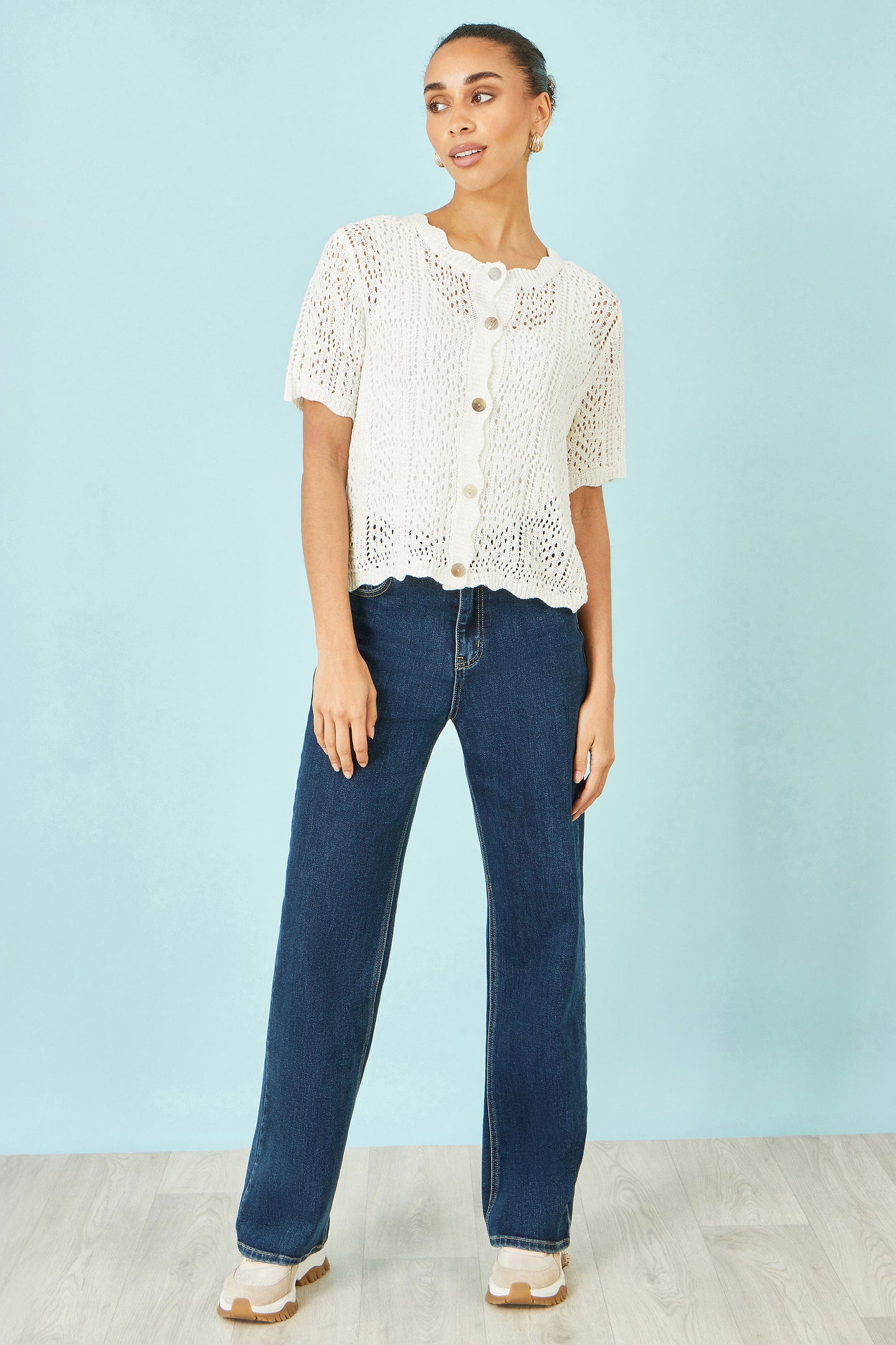 Yumi White Crochet Short Sleeve Cardigan Knit Cardigan Yumi