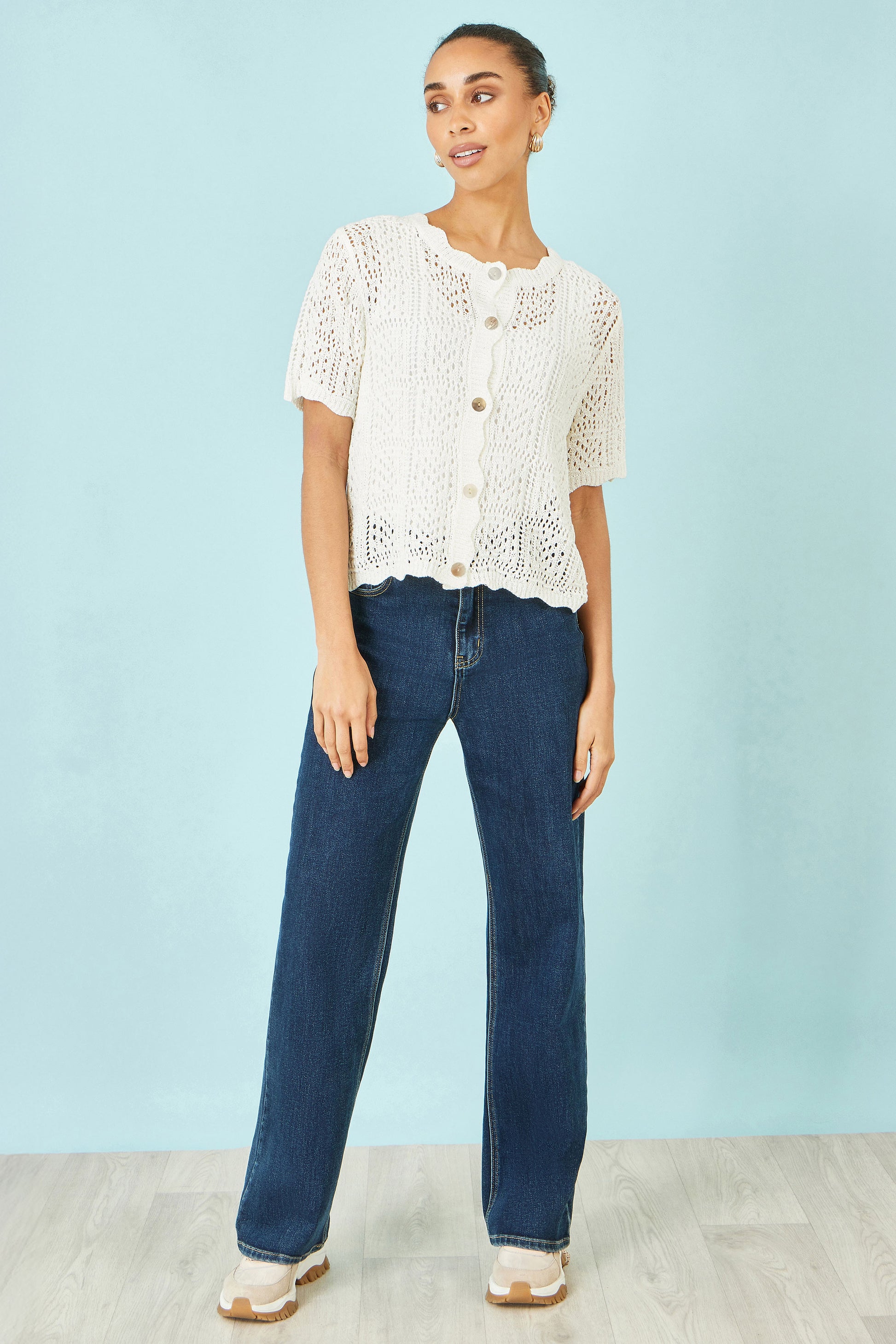 Yumi White Crochet Short Sleeve Cardigan Knit Cardigan Yumi