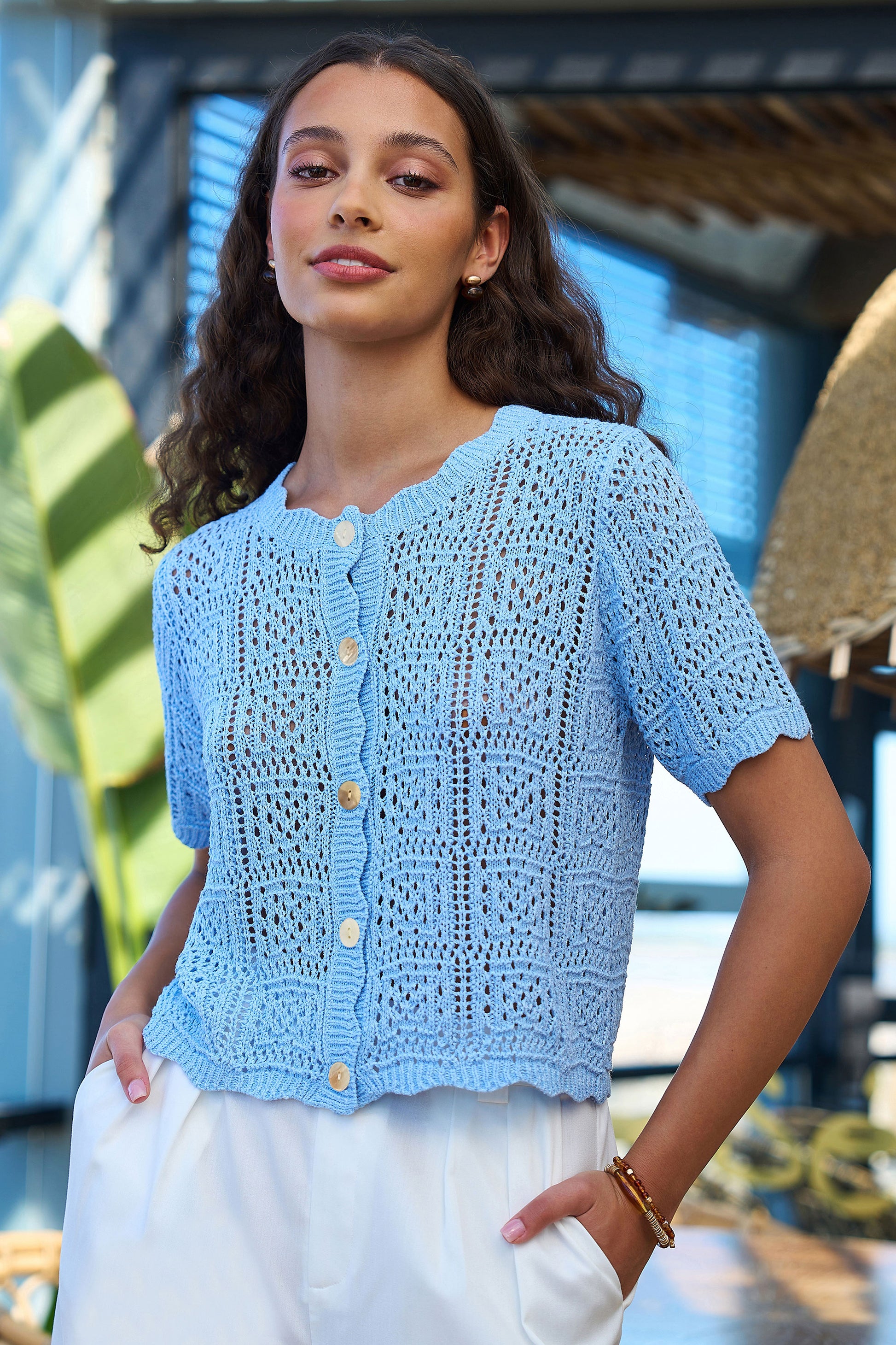 Yumi Blue Crochet Short Sleeve Cardigan Knit Cardigan Yumi