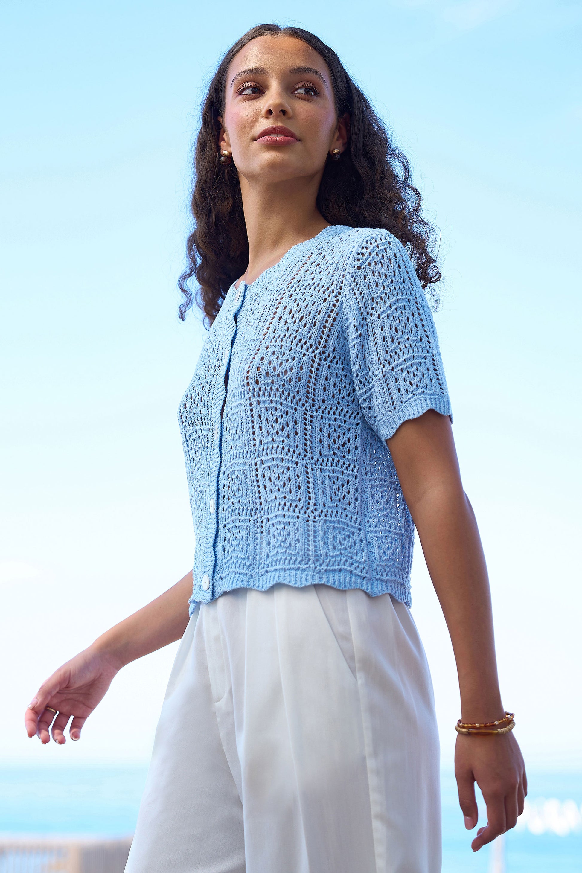 Yumi Blue Crochet Short Sleeve Cardigan Knit Cardigan Yumi