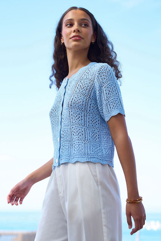 Yumi Blue Crochet Short Sleeve Cardigan