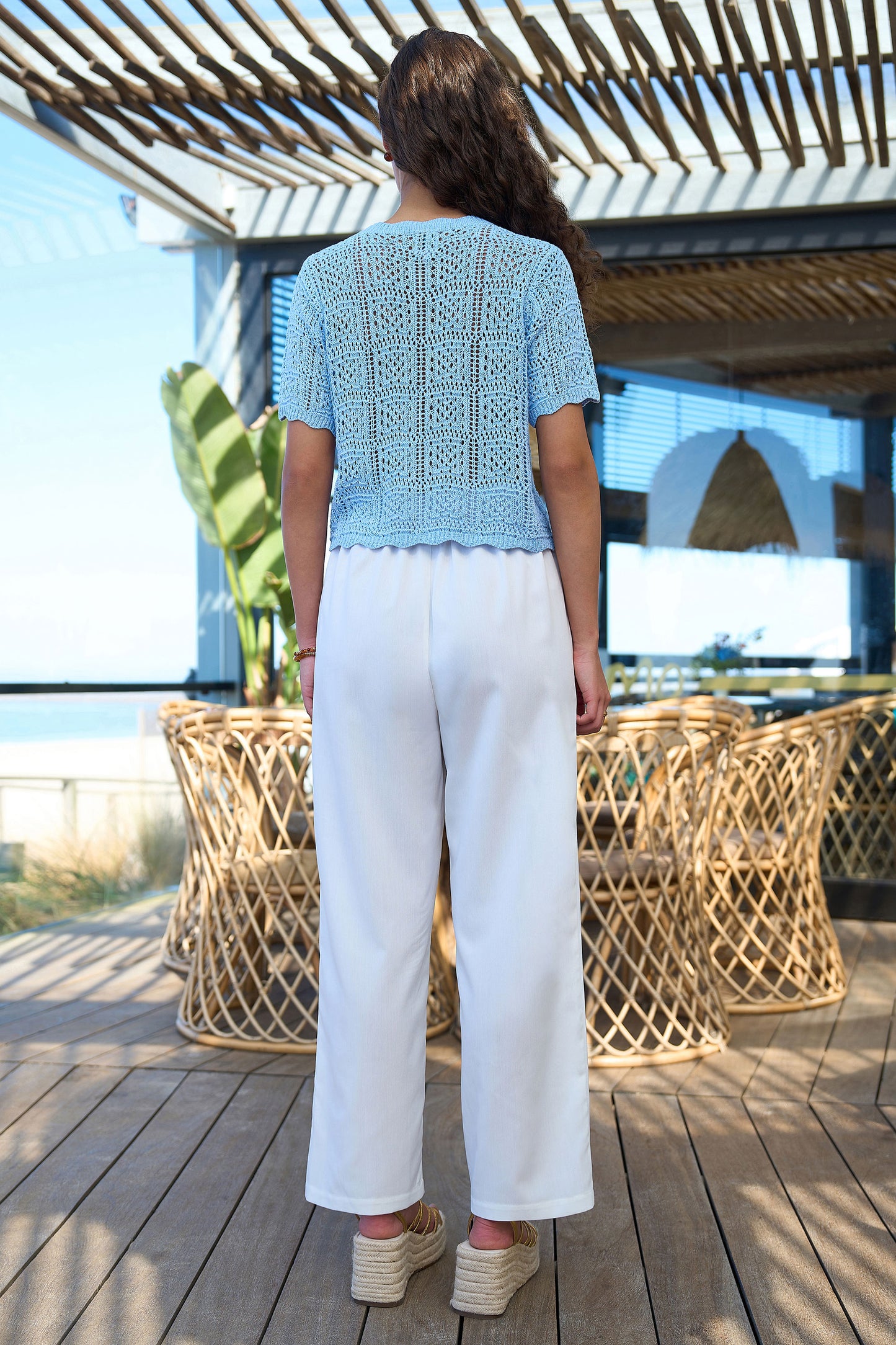 Yumi Blue Crochet Short Sleeve Cardigan Knit Cardigan Yumi