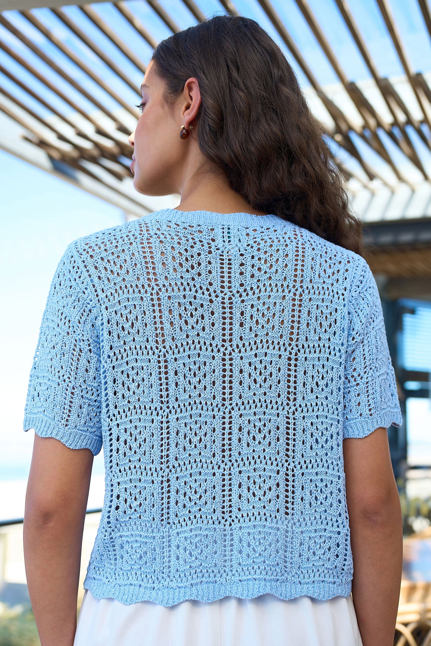 Yumi Blue Crochet Short Sleeve Cardigan Knit Cardigan Yumi