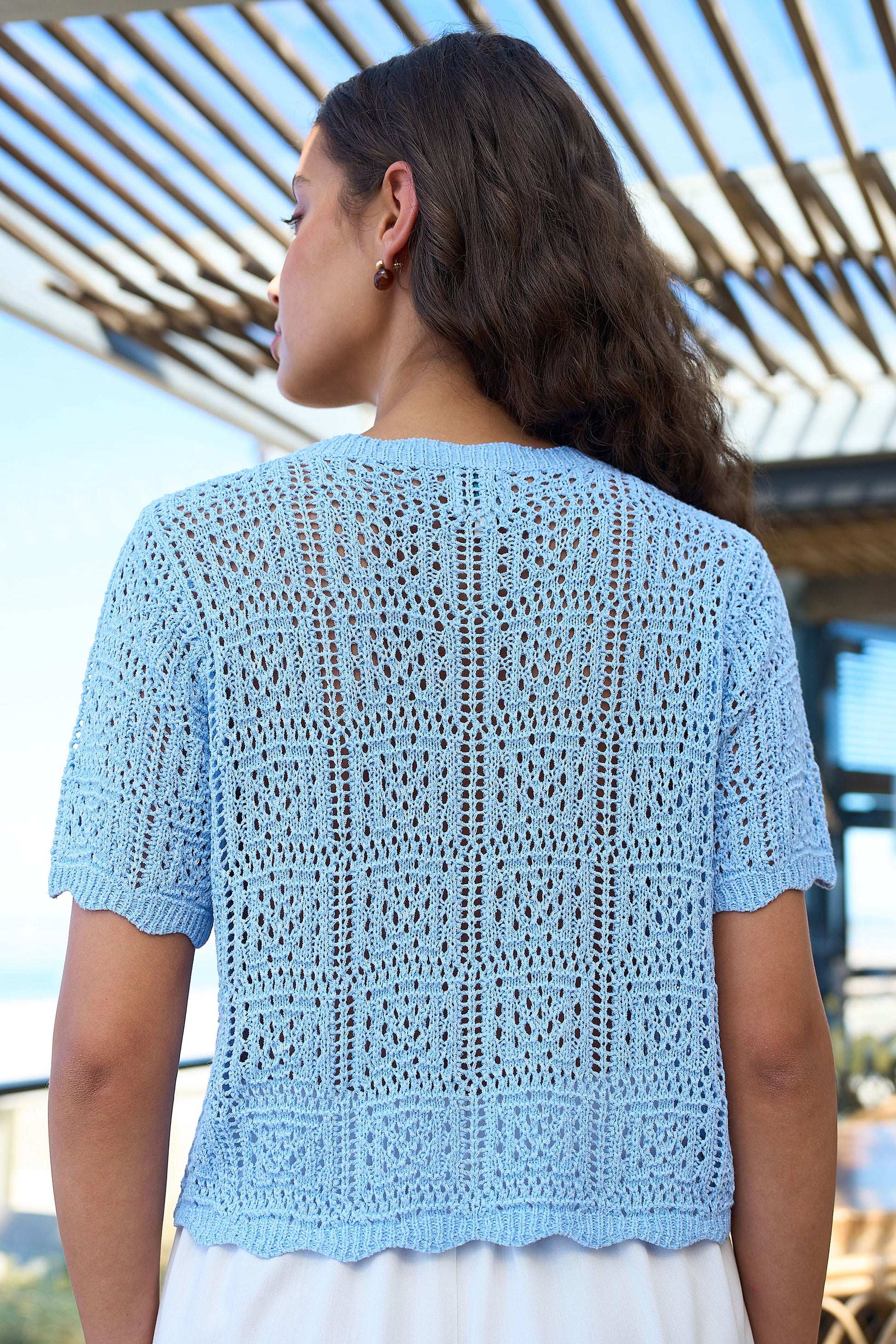 Yumi Blue Crochet Short Sleeve Cardigan Knit Cardigan Yumi