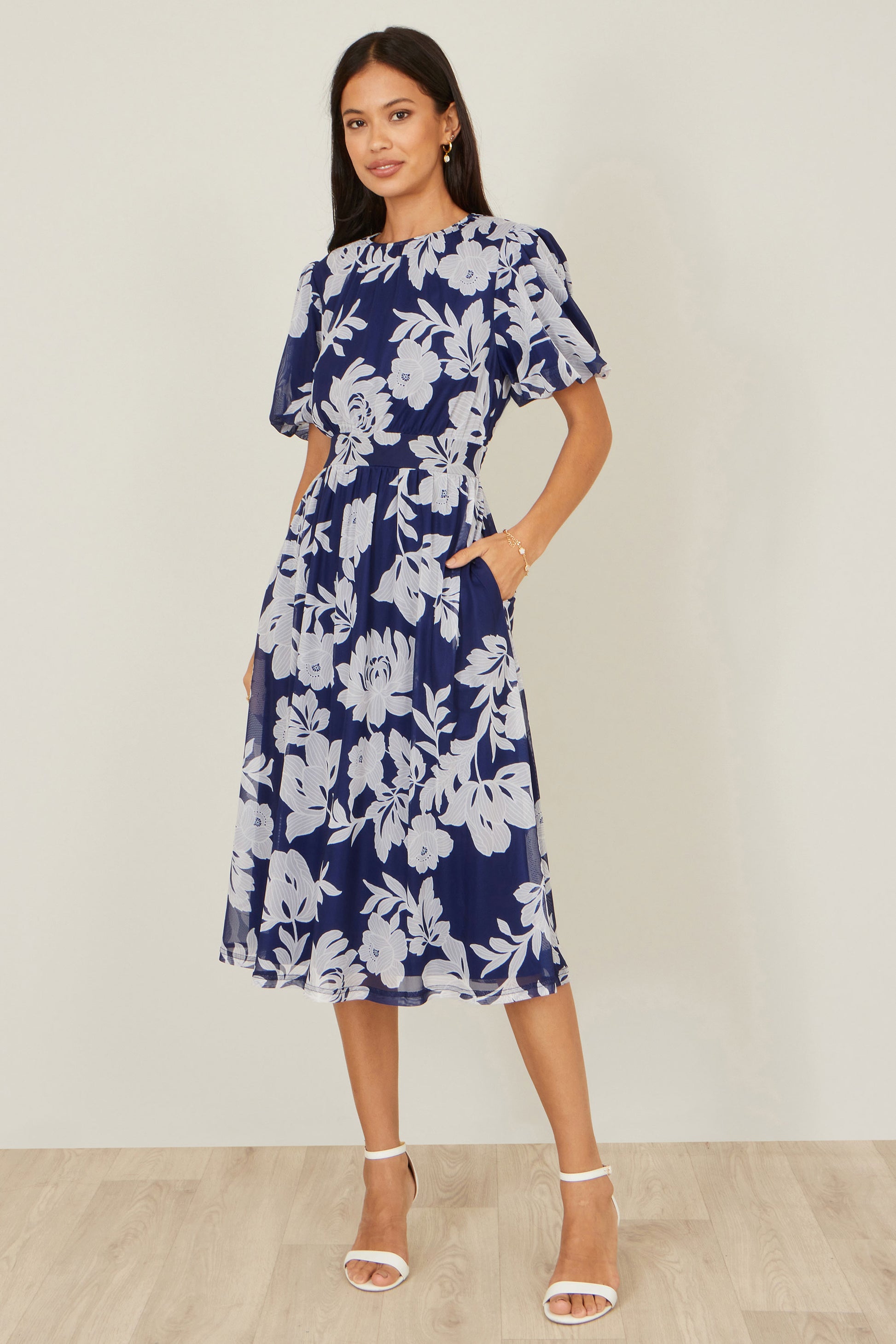 Yumi Navy Flower Stretch Mesh Midi Dress With Angel Sleeves Dress Occasion Yumi