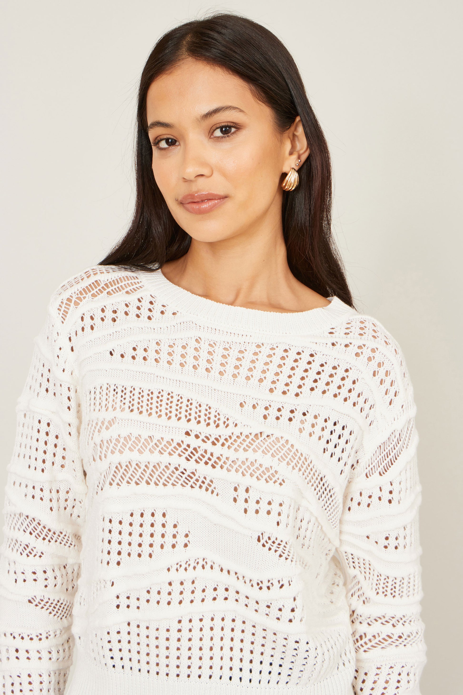 Yumi White Wave Pointelle Knitted Jumper Knit Jumper Yumi