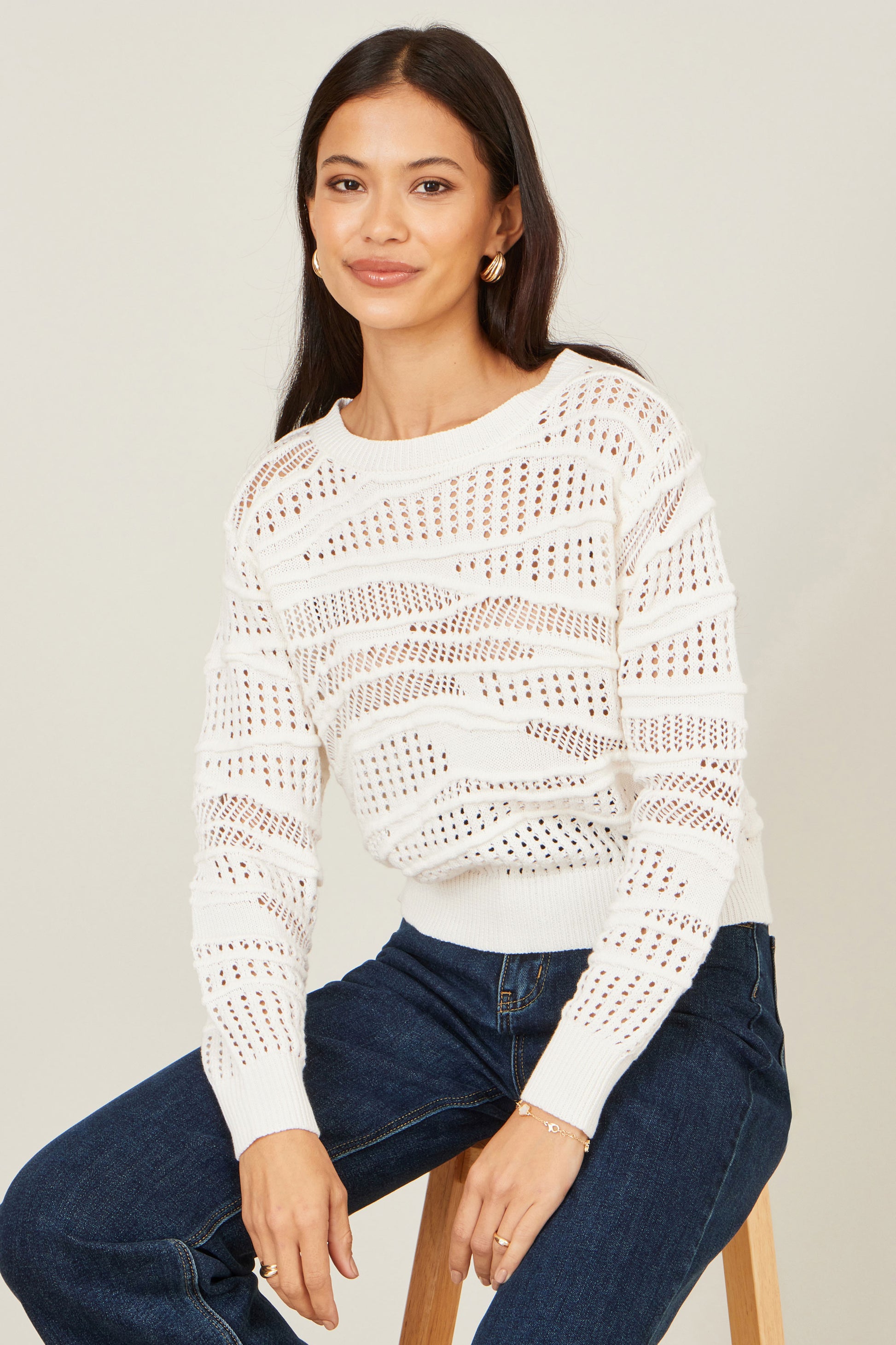 Yumi White Wave Pointelle Knitted Jumper Knit Jumper Yumi