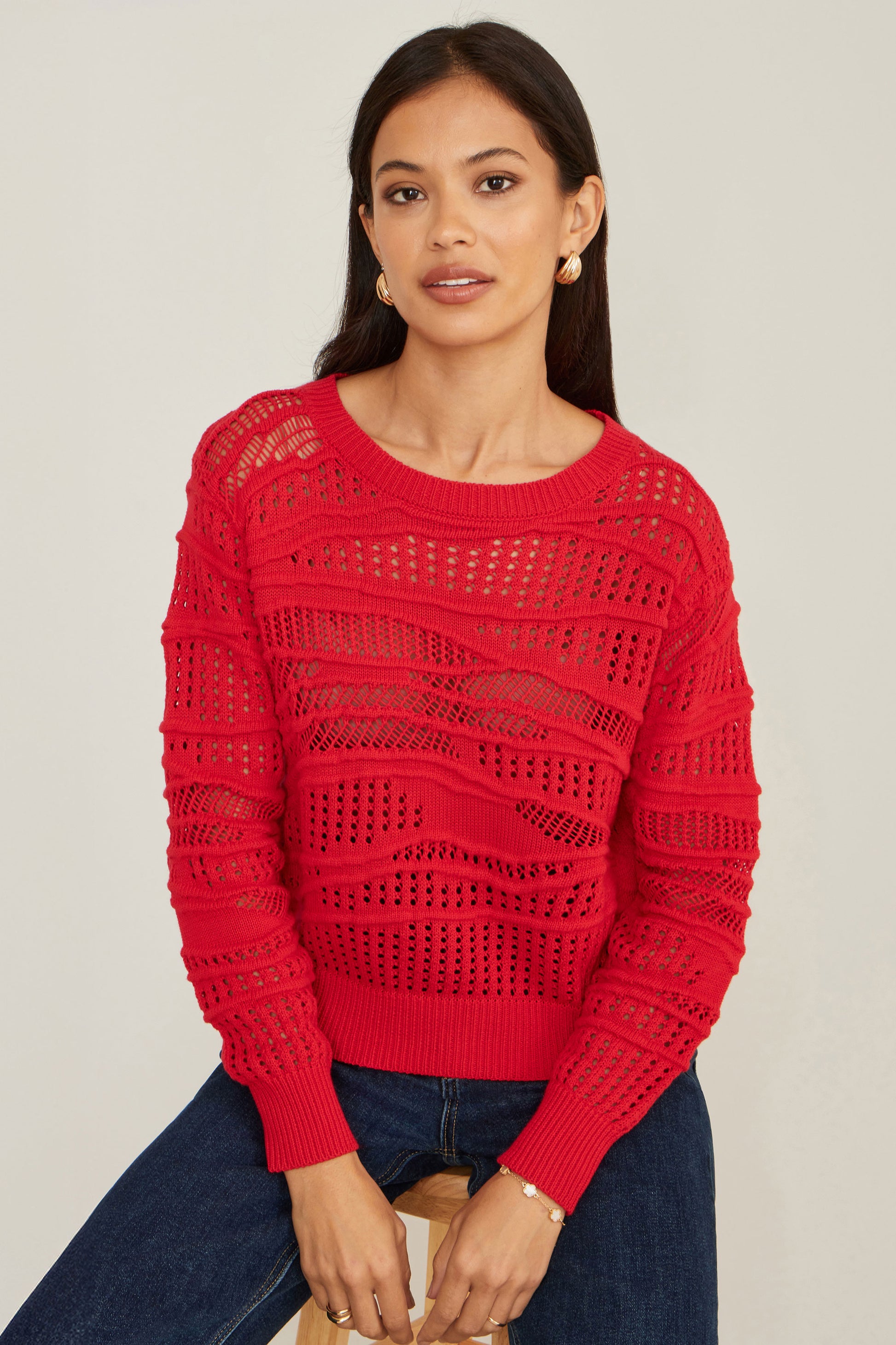 Yumi Red Wave Pointelle Knitted Jumper Knit Jumper Yumi