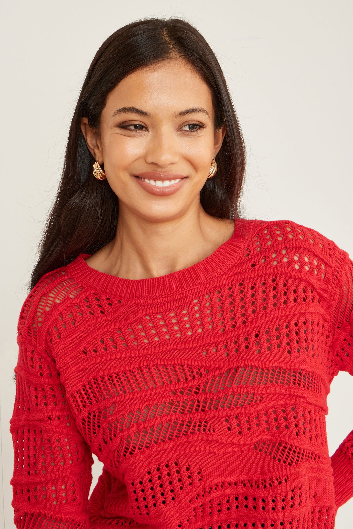 Yumi Red Wave Pointelle Knitted Jumper Knit Jumper Yumi