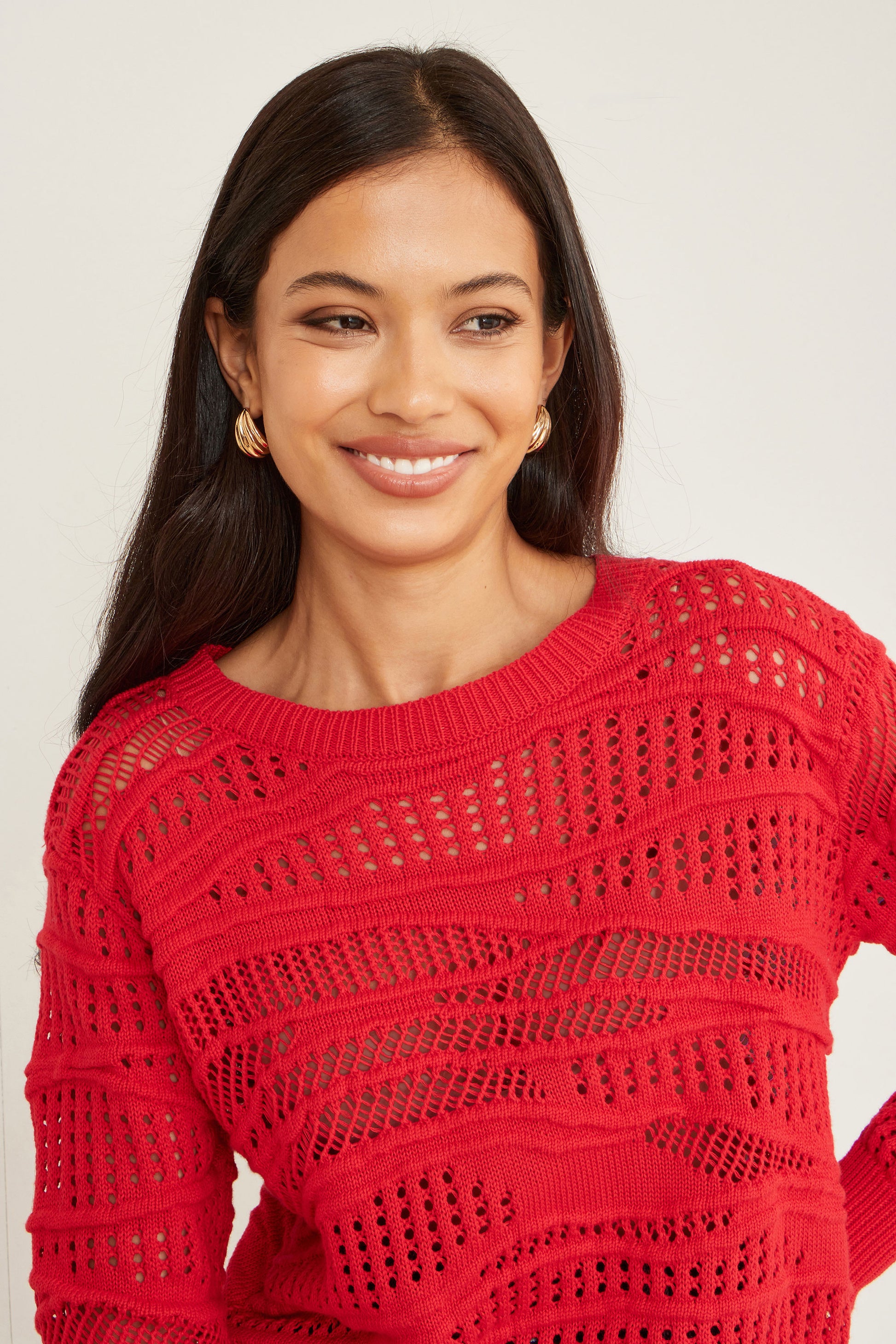 Yumi Red Wave Pointelle Knitted Jumper Knit Jumper Yumi
