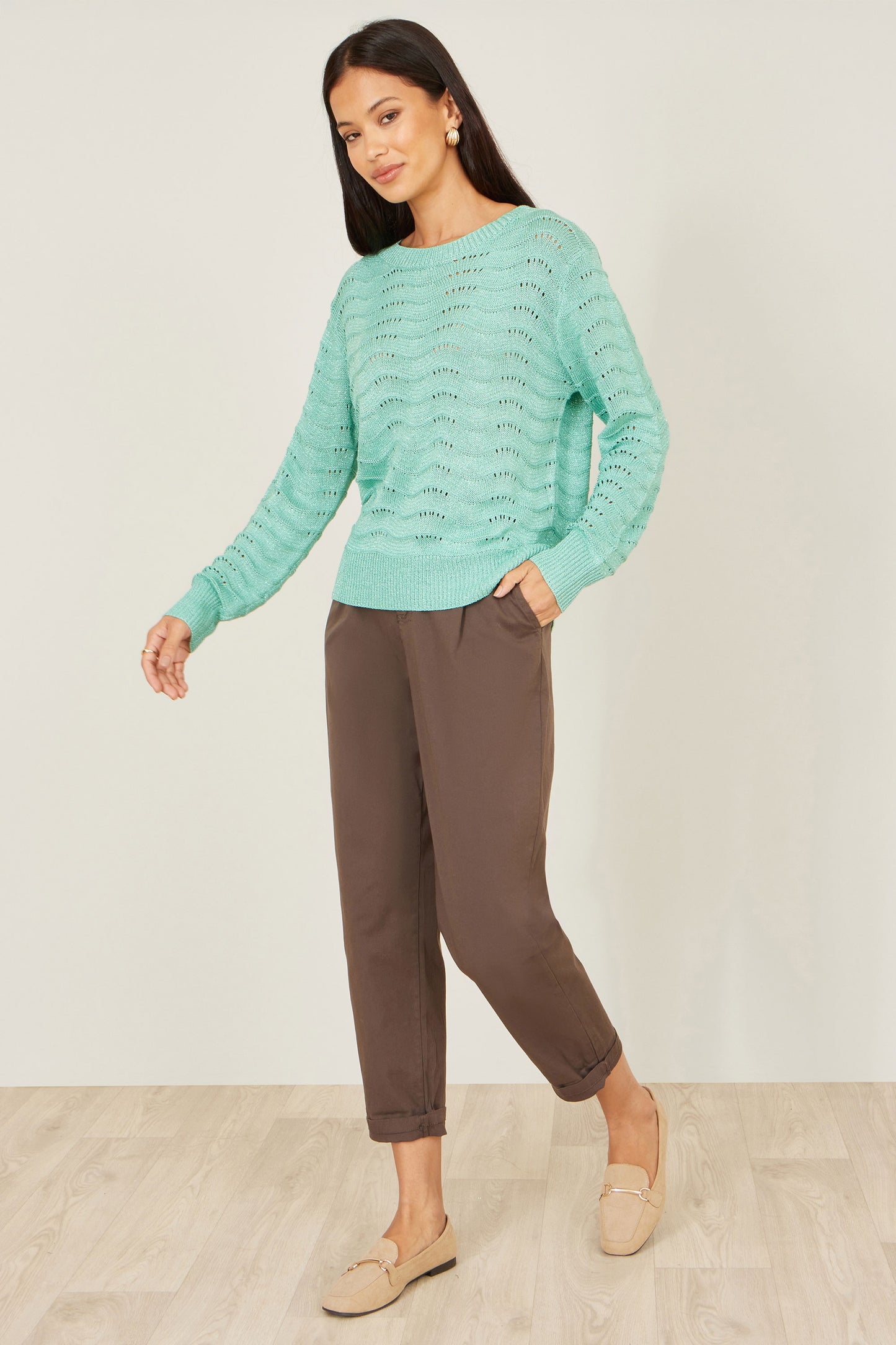 Yumi Aqua Wave Metallic Thread Relaxed Jumper Knit Jumper Yumi