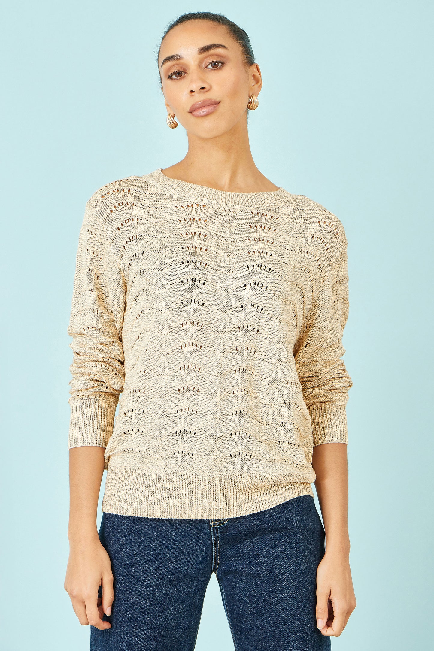 Yumi Beige Wave Metallic Thread Relaxed Jumper Knit Jumper Yumi