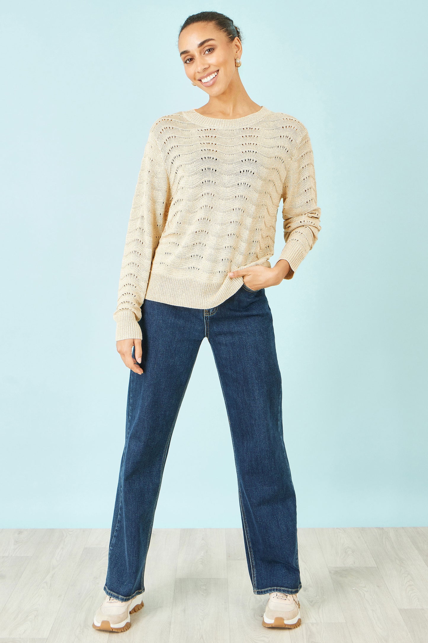 Yumi Beige Wave Metallic Thread Relaxed Jumper Knit Jumper Yumi