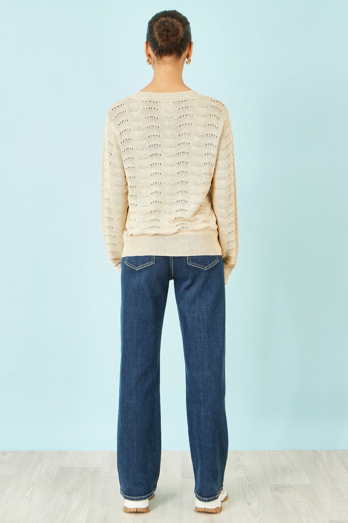 Yumi Beige Wave Metallic Thread Relaxed Jumper Knit Jumper Yumi