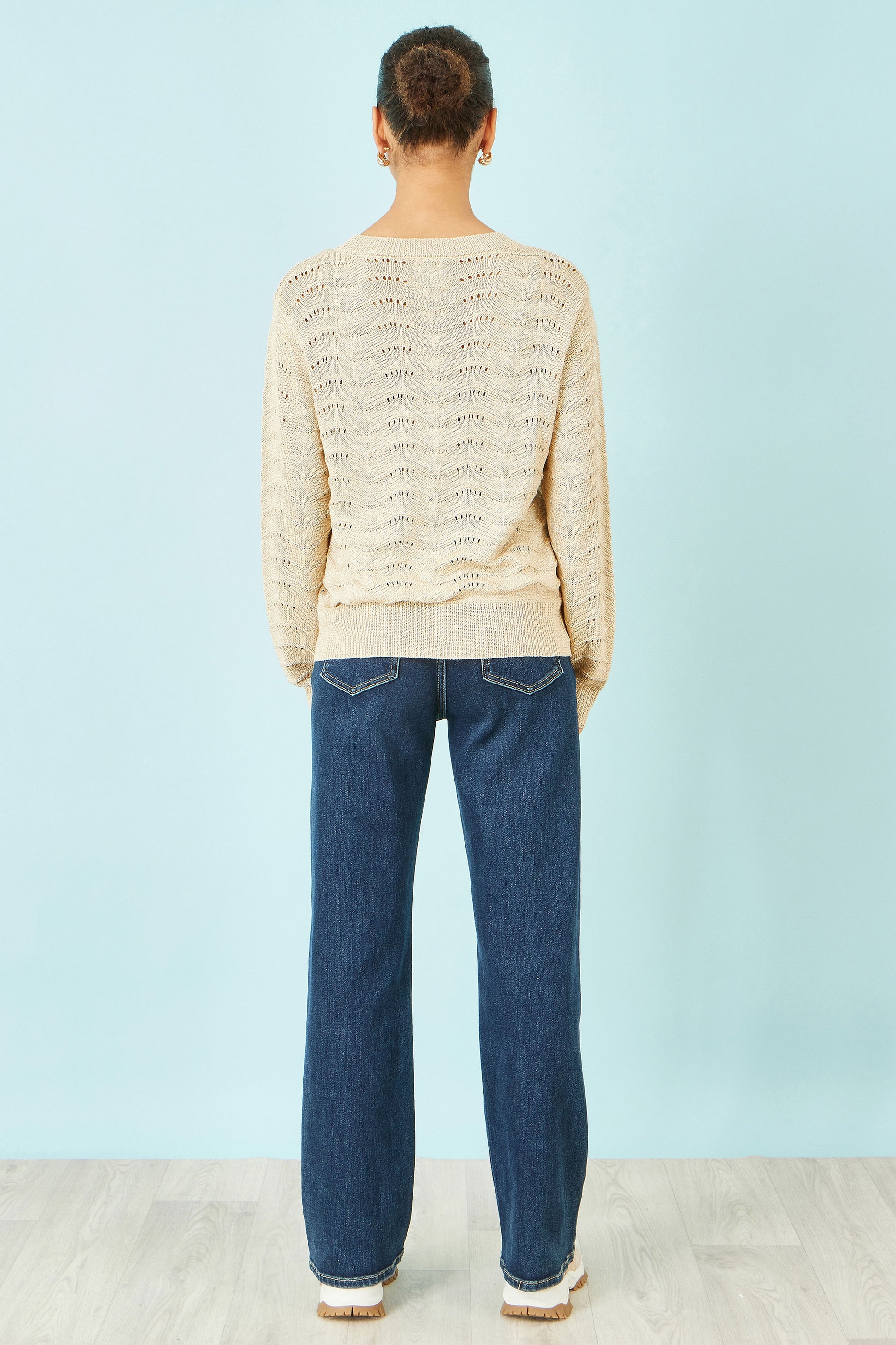 Yumi Beige Wave Metallic Thread Relaxed Jumper Knit Jumper Yumi