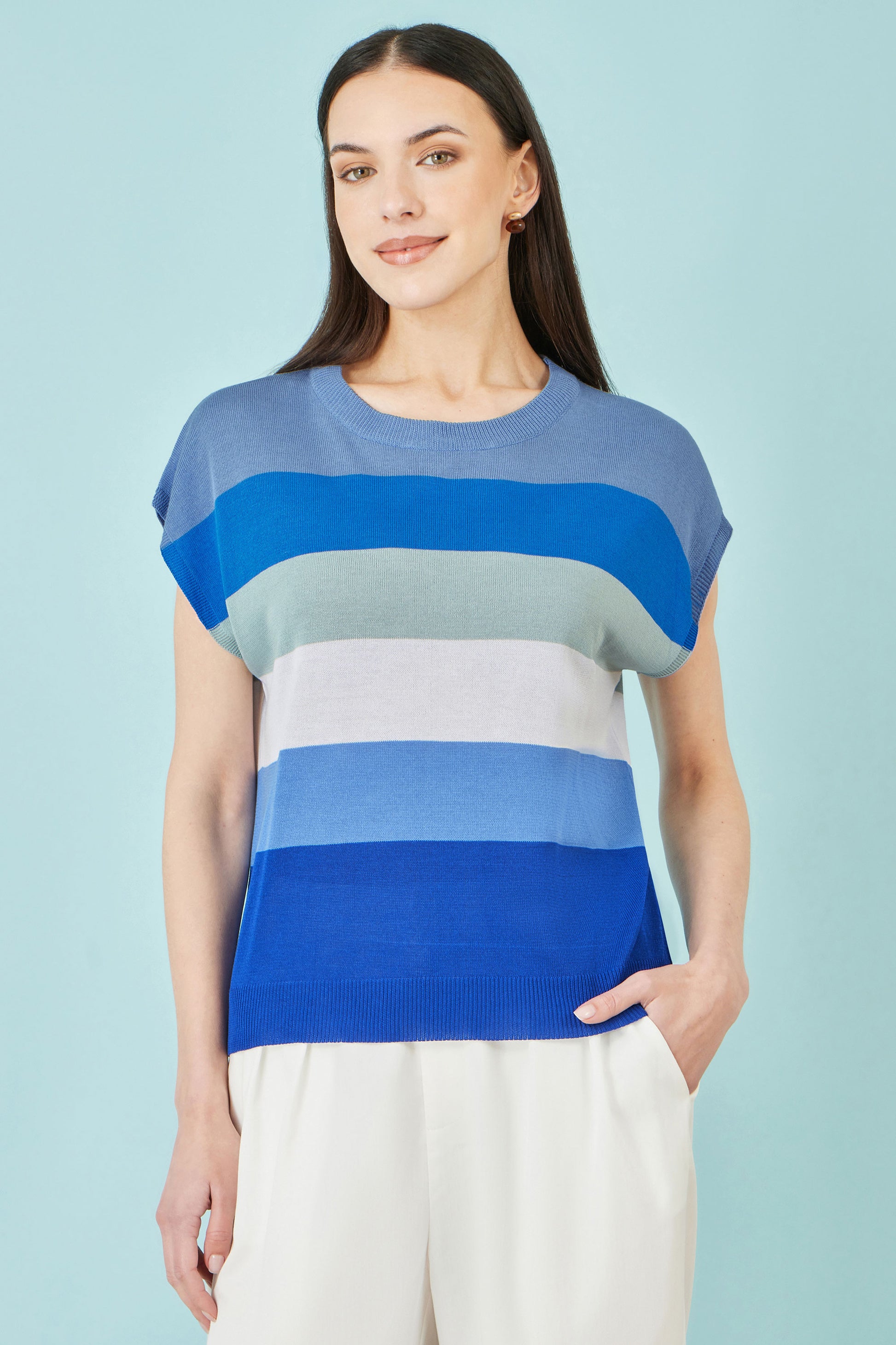 Yumi Blue Block Stripe Relaxed Knitted Top Knit Top Yumi