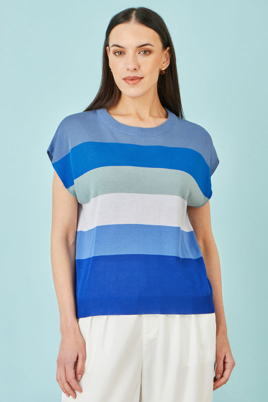 Yumi Blue Block Stripe Relaxed Knitted Top Knit Top Yumi
