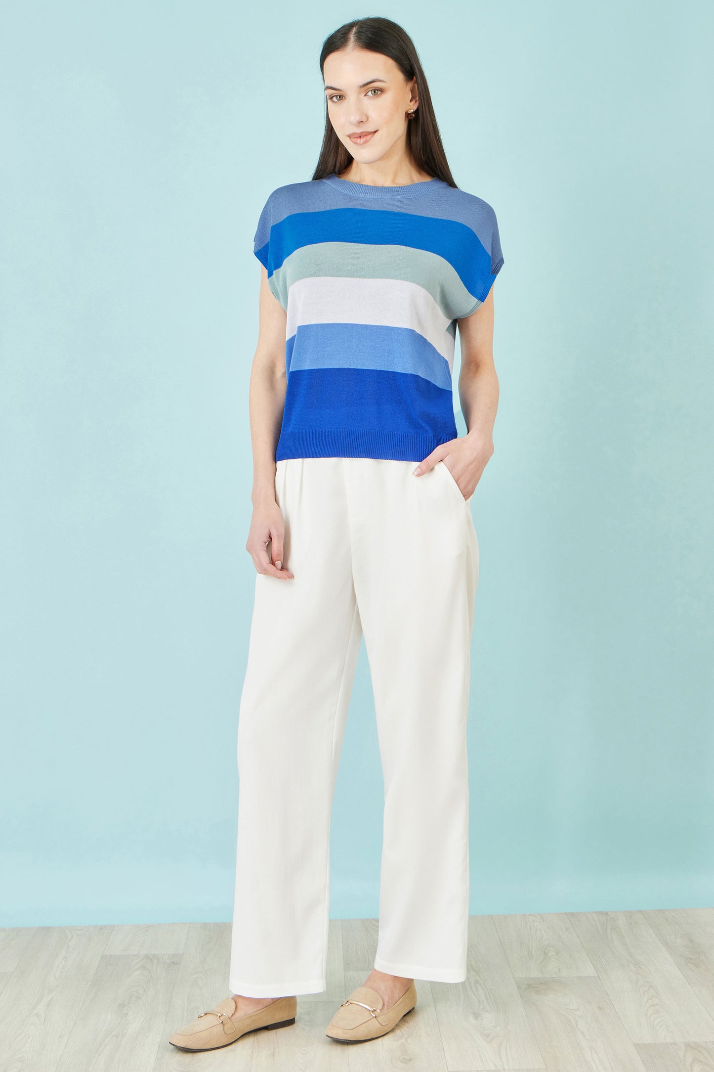 Yumi Blue Block Stripe Relaxed Knitted Top Knit Top Yumi