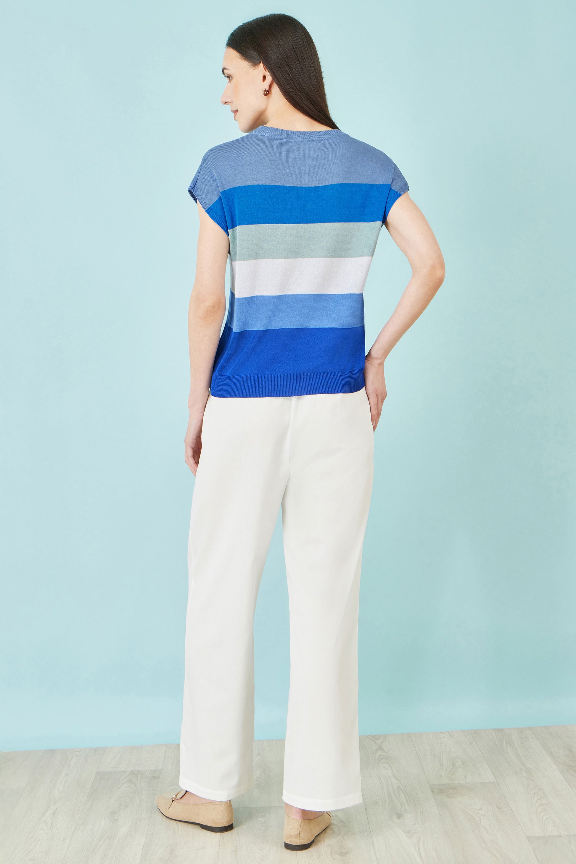Yumi Blue Block Stripe Relaxed Knitted Top Knit Top Yumi