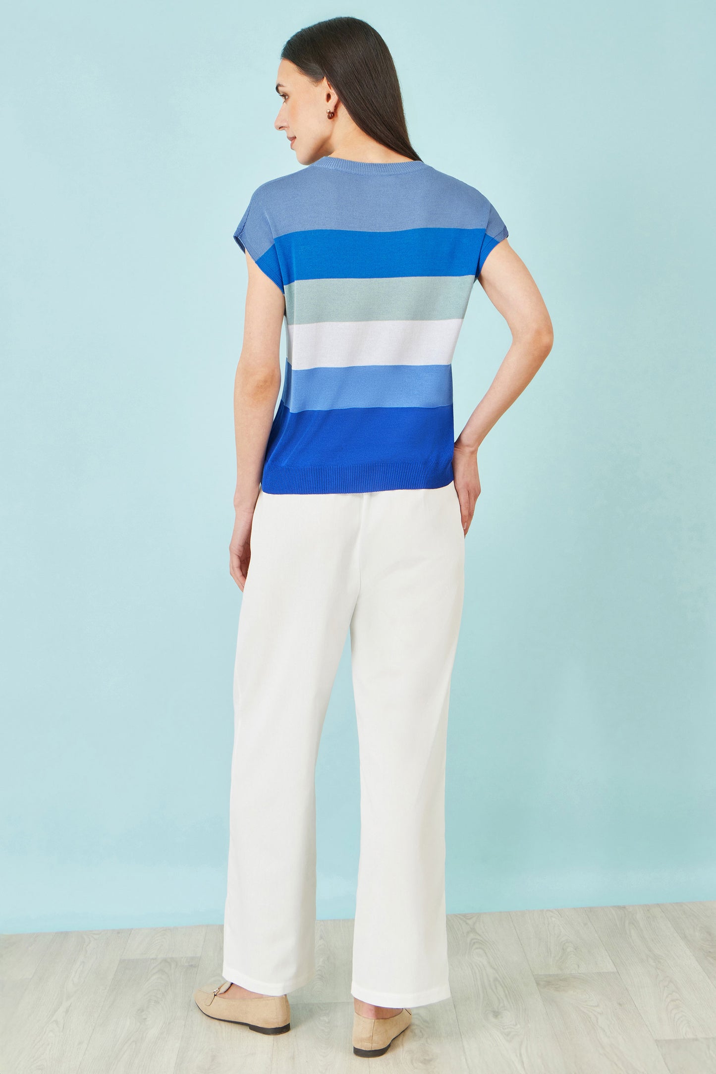 Yumi Blue Block Stripe Relaxed Knitted Top Knit Top Yumi