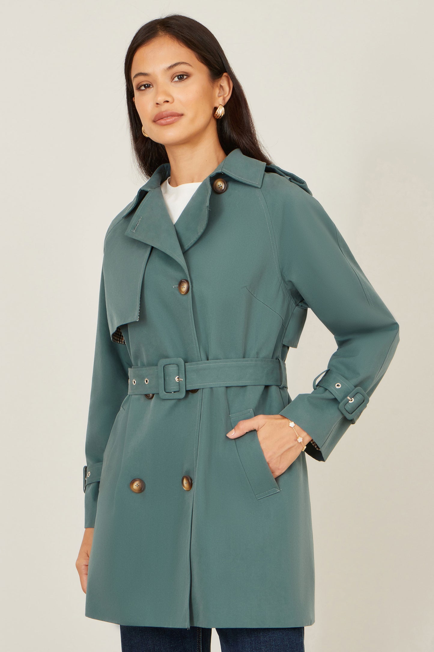 Yumi Blue Belted Trench Coat With Check Lining Outerwear Yumi