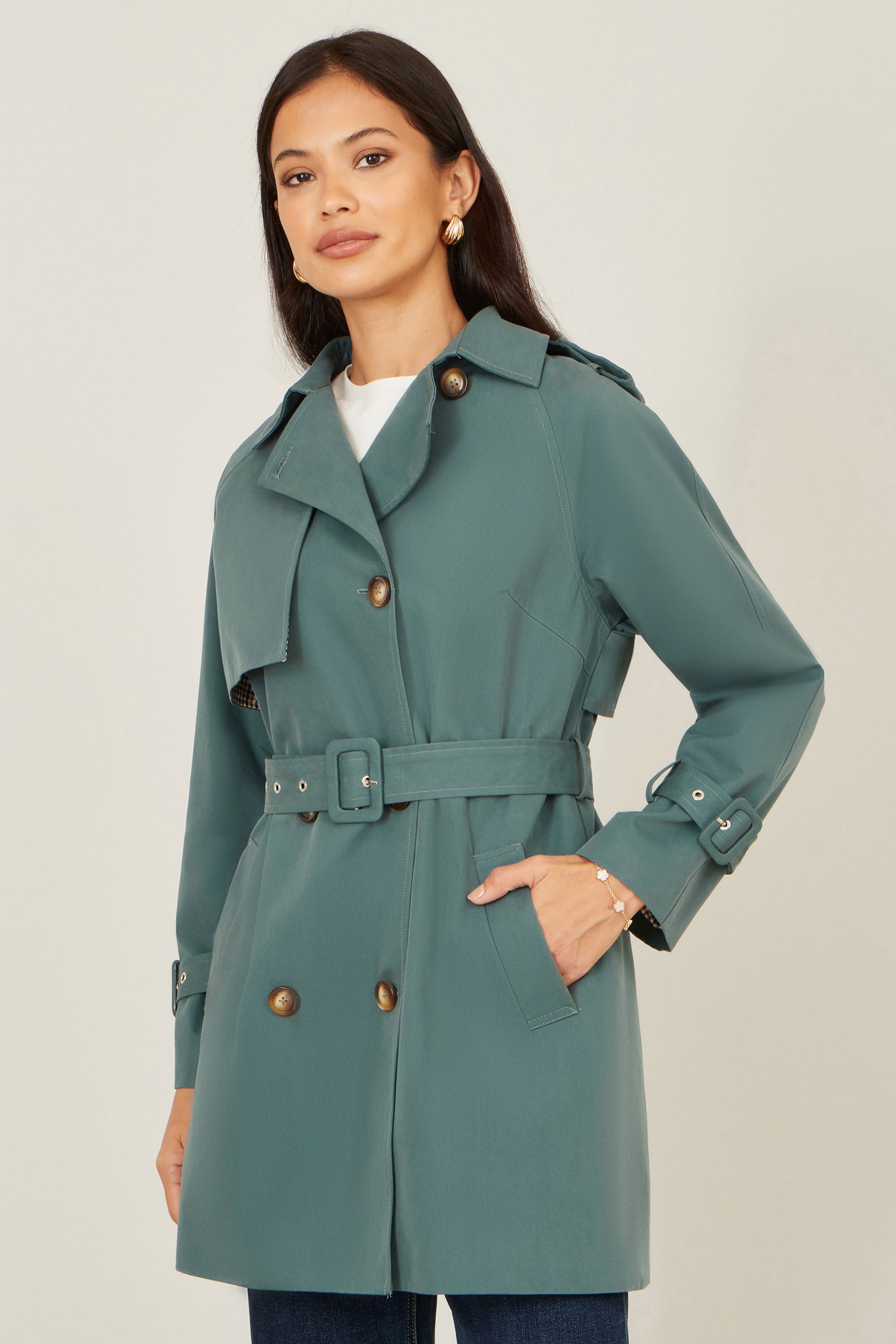 Yumi Blue Belted Trench Coat With Check Lining Outerwear Yumi