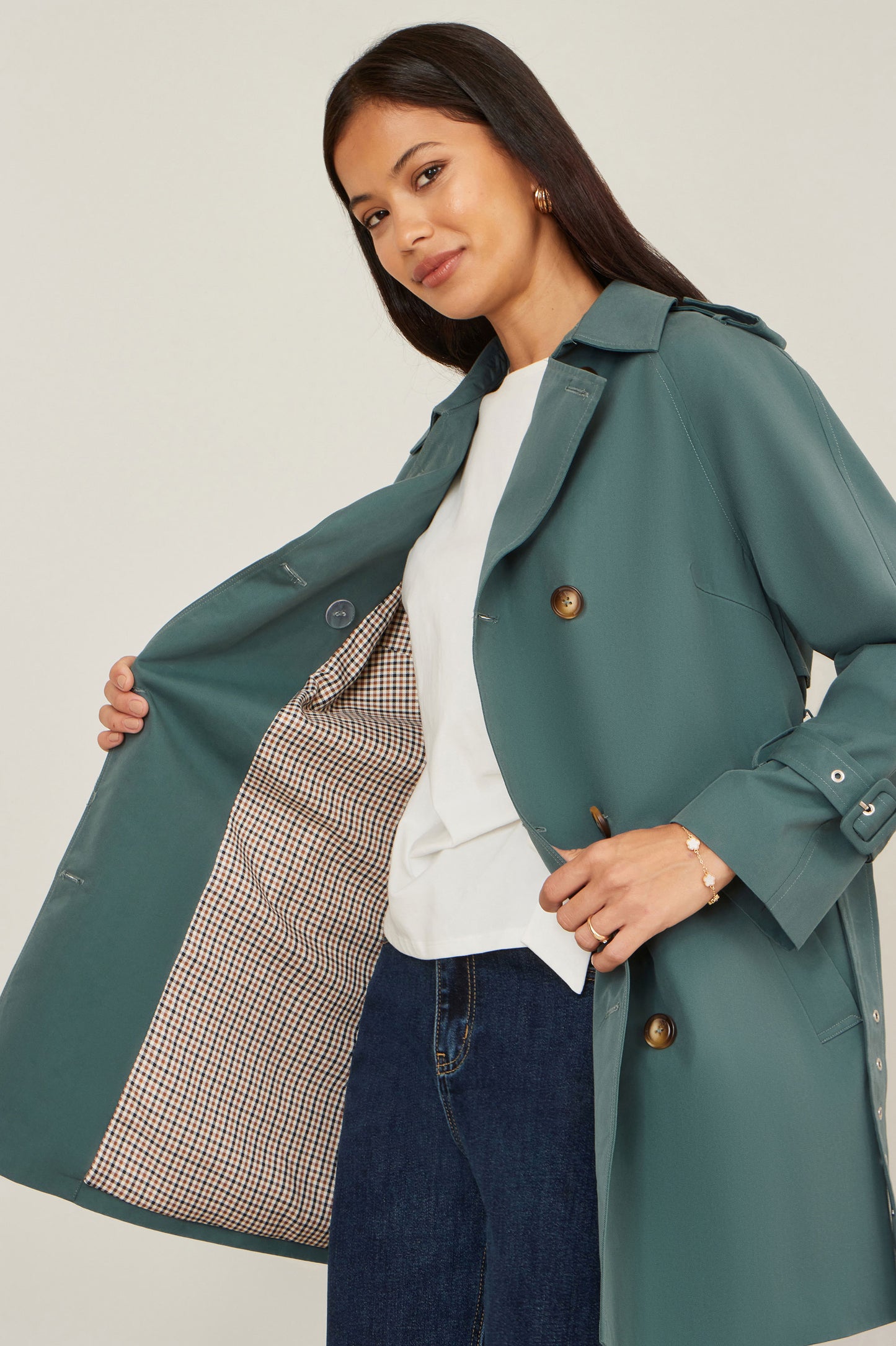 Yumi Blue Belted Trench Coat With Check Lining Outerwear Yumi