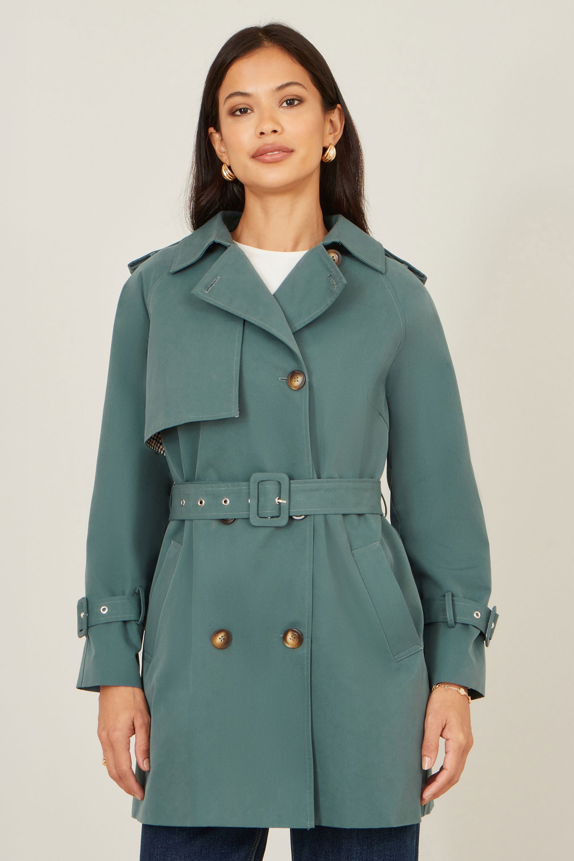 Yumi Blue Belted Trench Coat With Check Lining Outerwear Yumi