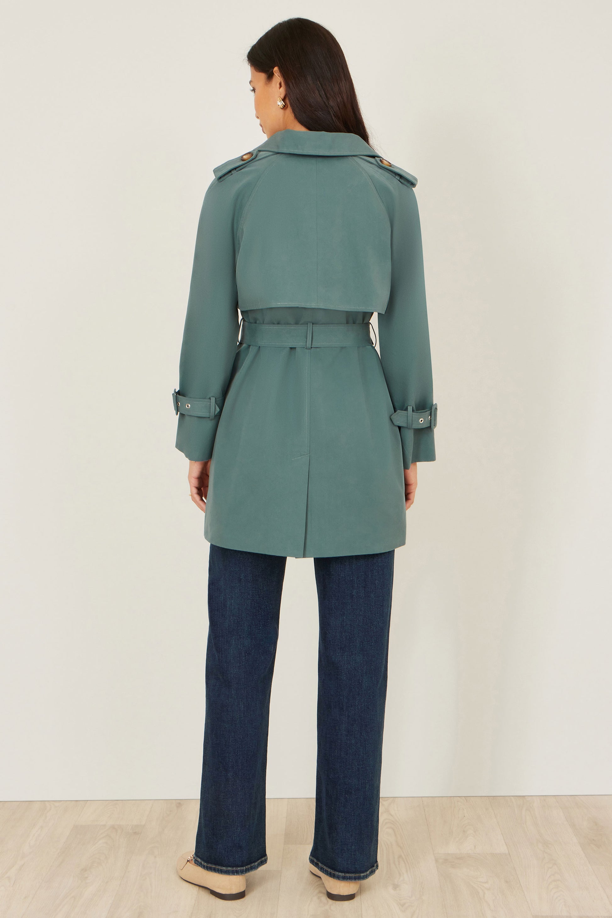 Yumi Blue Belted Trench Coat With Check Lining Outerwear Yumi