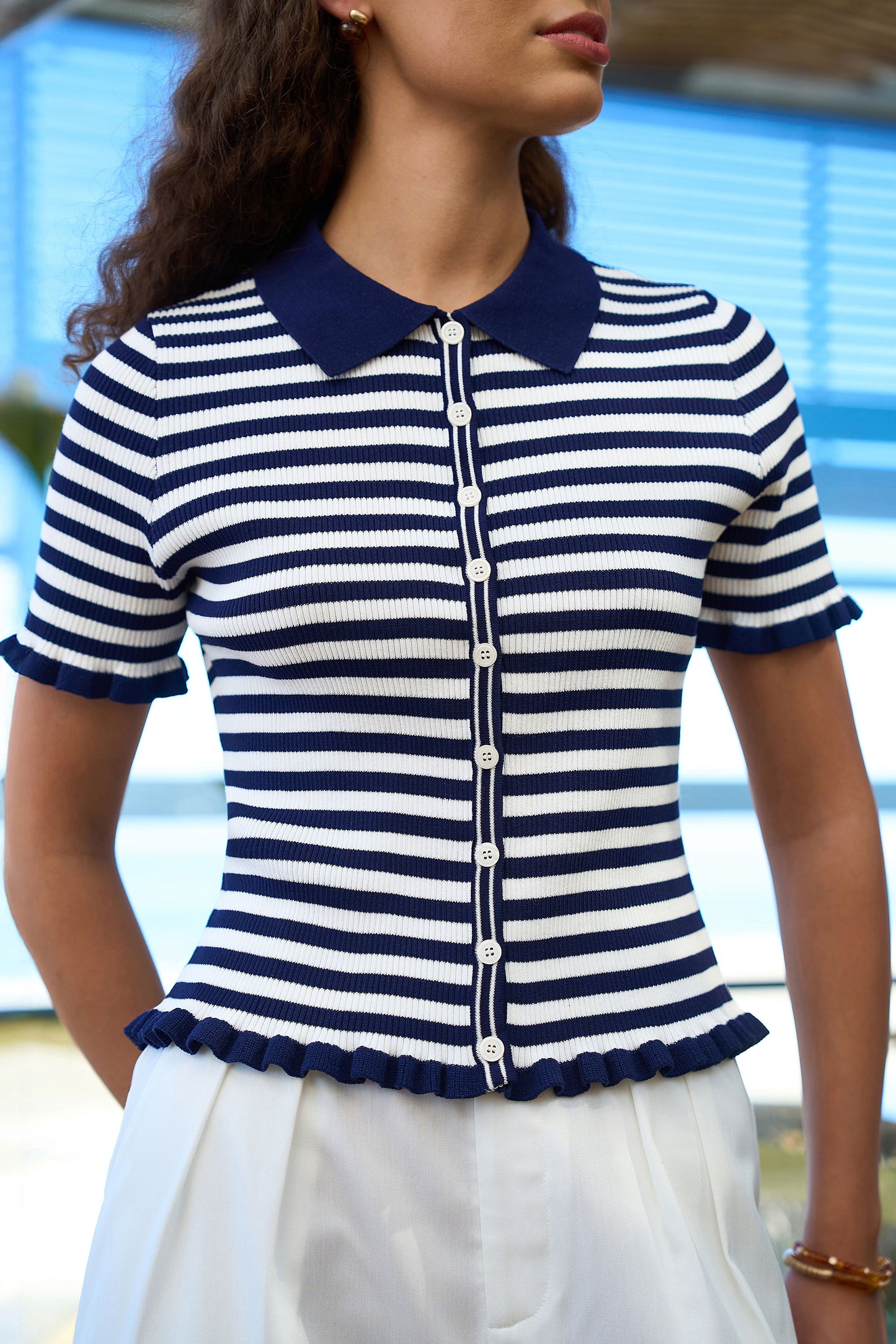 Yumi Navy Nautical Striped Knitted Top Knit Top Yumi