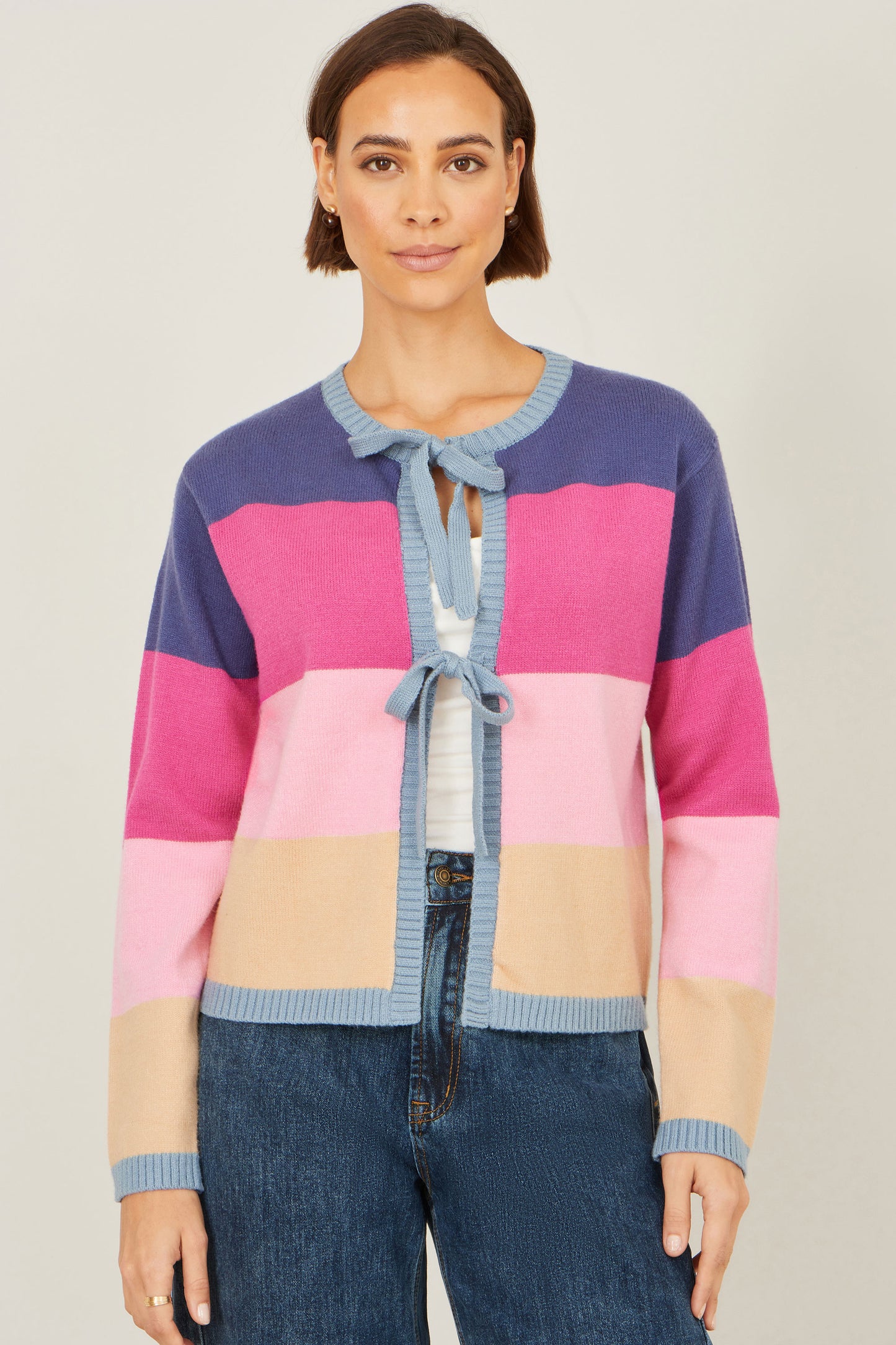 Yumi Multicolour Block Stripe Tie Front Cardigan Knit Cardigan Yumi