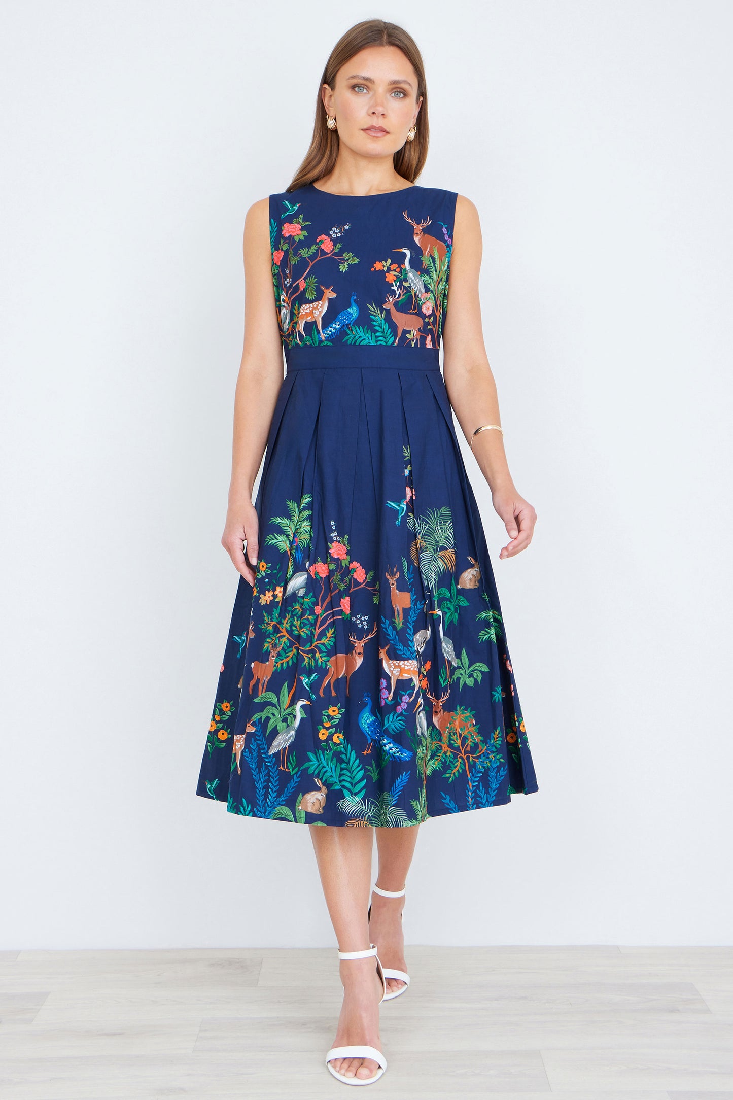 Yumi Navy Woodland Animal Print Cotton Midi Skater Dress Dress Casual Yumi