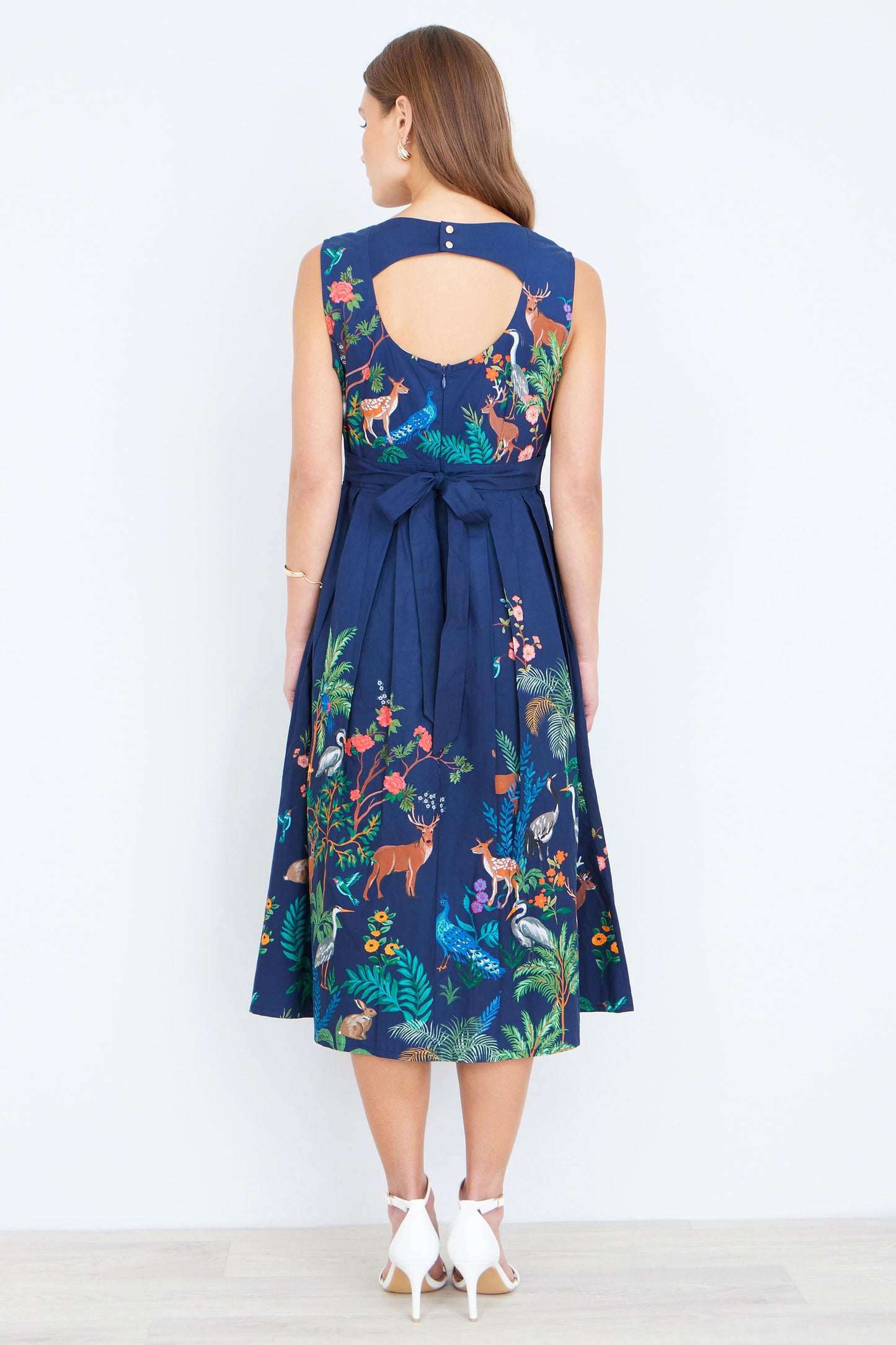 Yumi Navy Woodland Animal Print Cotton Midi Skater Dress Dress Casual Yumi