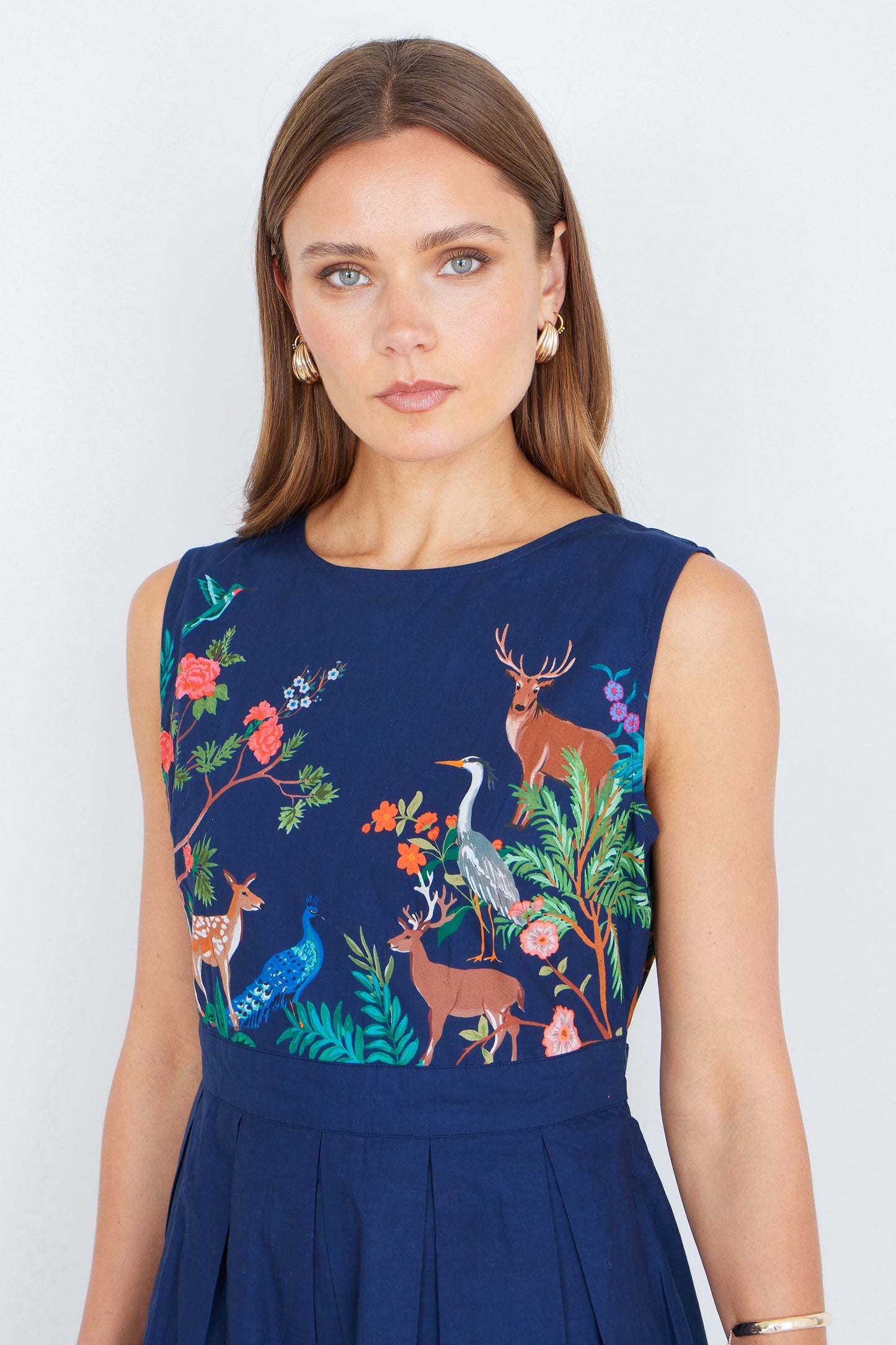 Yumi Navy Woodland Animal Print Cotton Midi Skater Dress Dress Casual Yumi