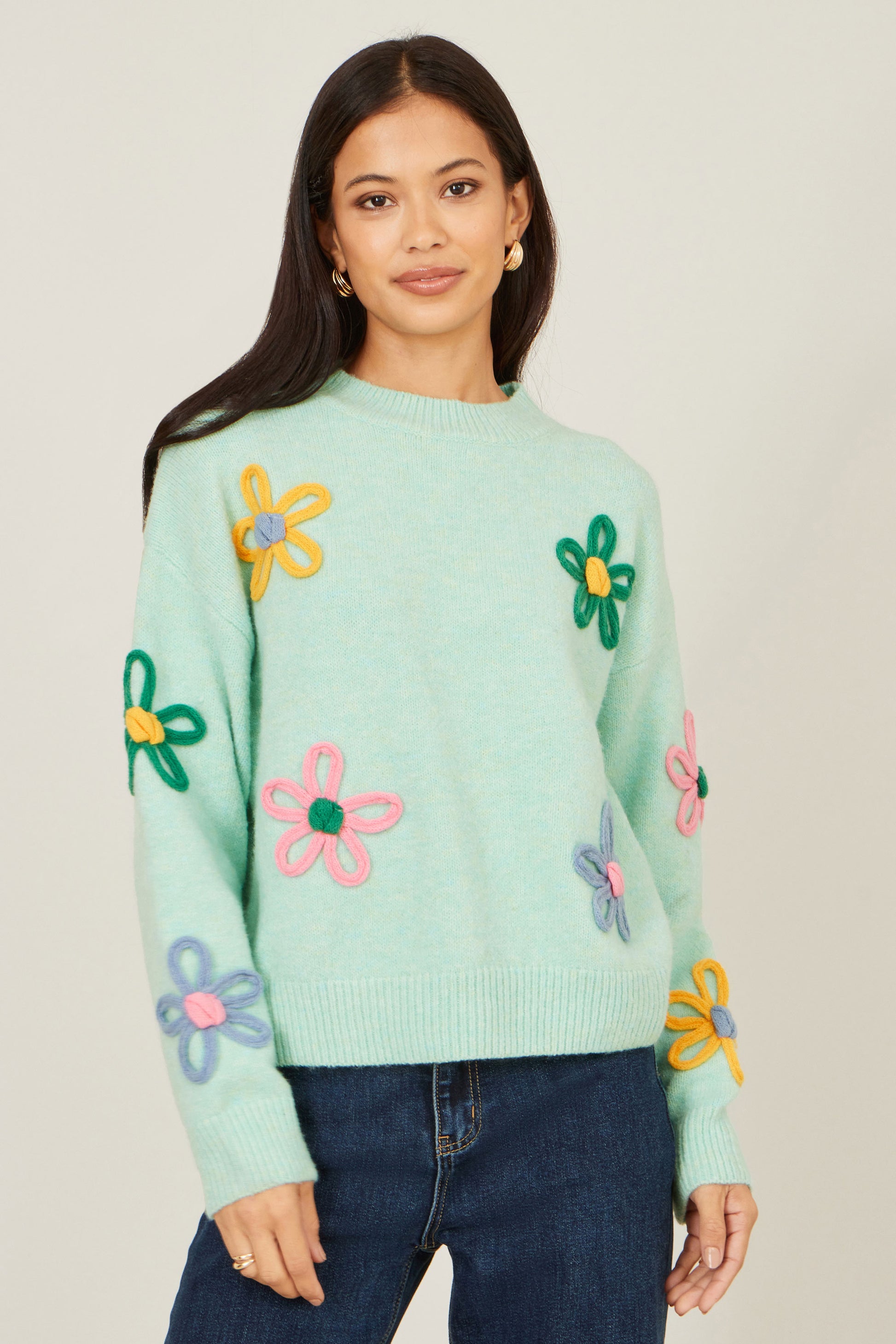 Yumi Green Relaxed Flower Embroidered Jumper Knit Jumper Yumi