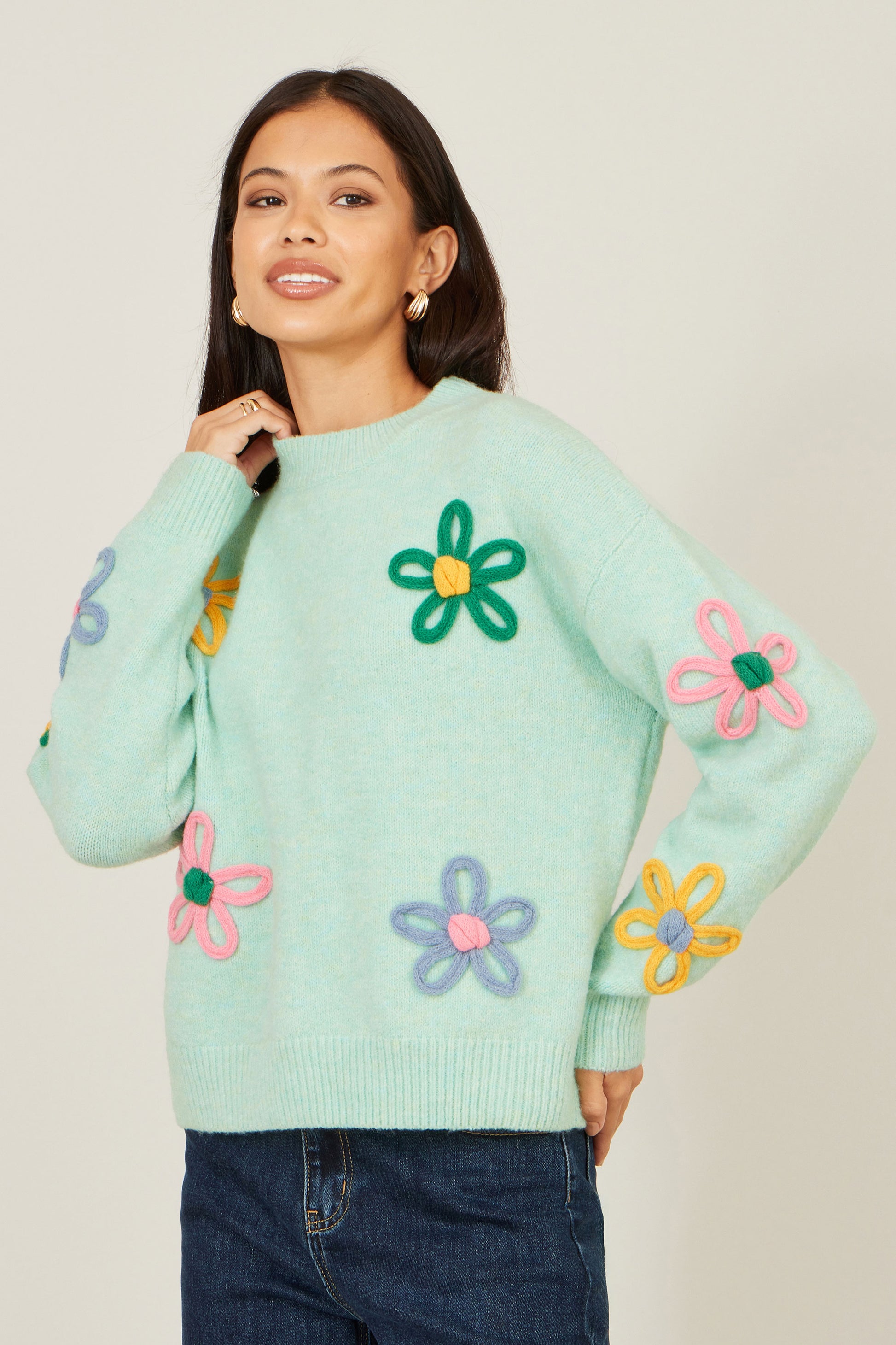 Yumi Green Relaxed Flower Embroidered Jumper Knit Jumper Yumi