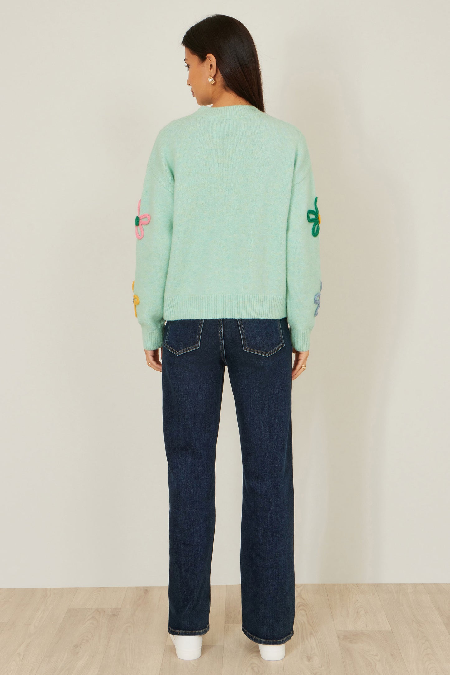 Yumi Green Relaxed Flower Embroidered Jumper Knit Jumper Yumi