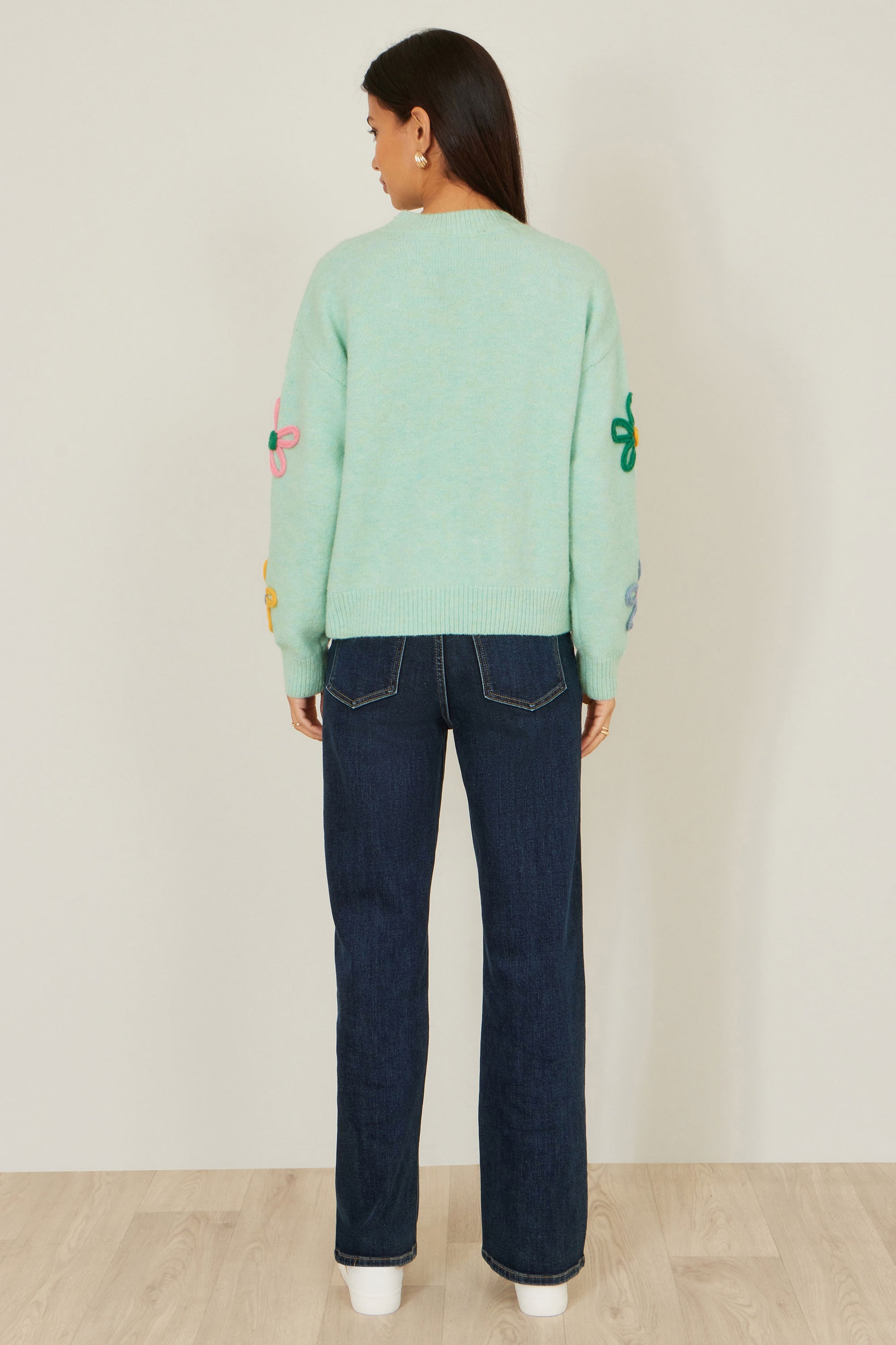 Yumi Green Relaxed Flower Embroidered Jumper Knit Jumper Yumi