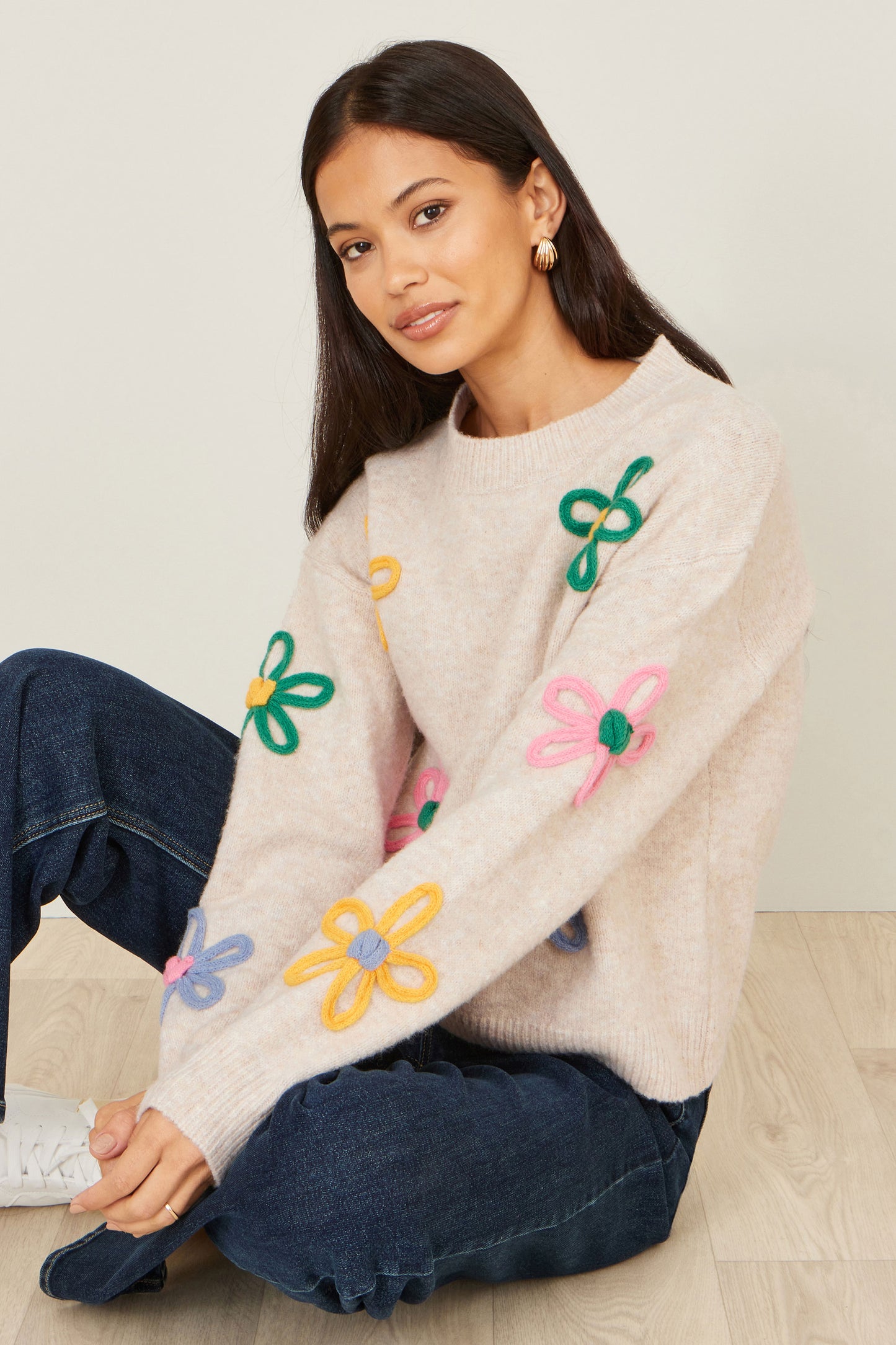 Yumi Oatmeal Relaxed Flower Embroidered Jumper Knit Jumper Yumi