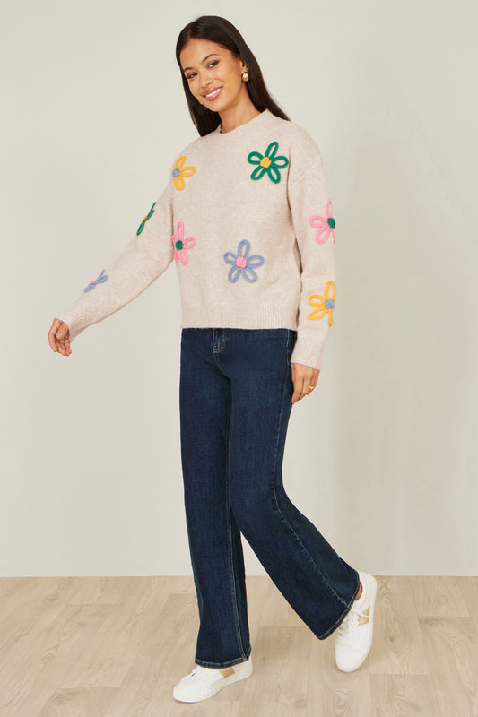 Yumi Oatmeal Relaxed Flower Embroidered Jumper Knit Jumper Yumi