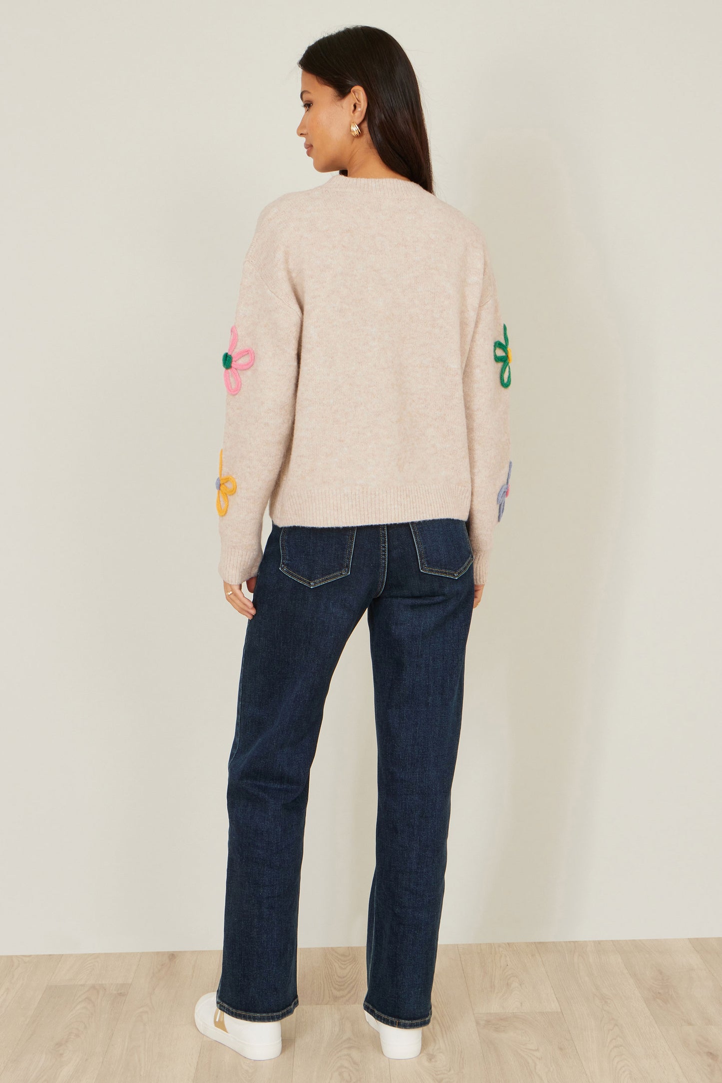 Yumi Oatmeal Relaxed Flower Embroidered Jumper Knit Jumper Yumi
