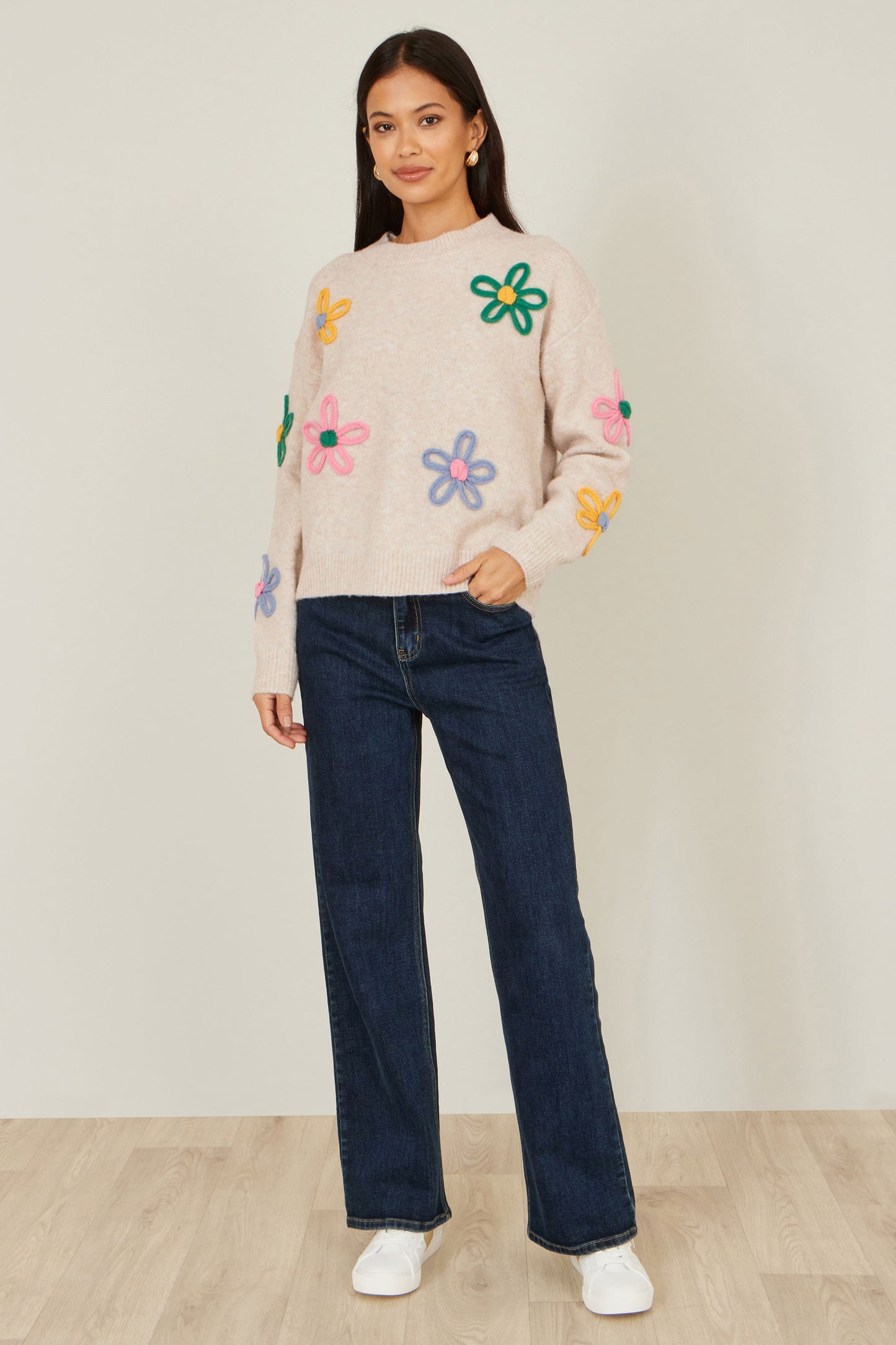 Yumi Oatmeal Relaxed Flower Embroidered Jumper Knit Jumper Yumi