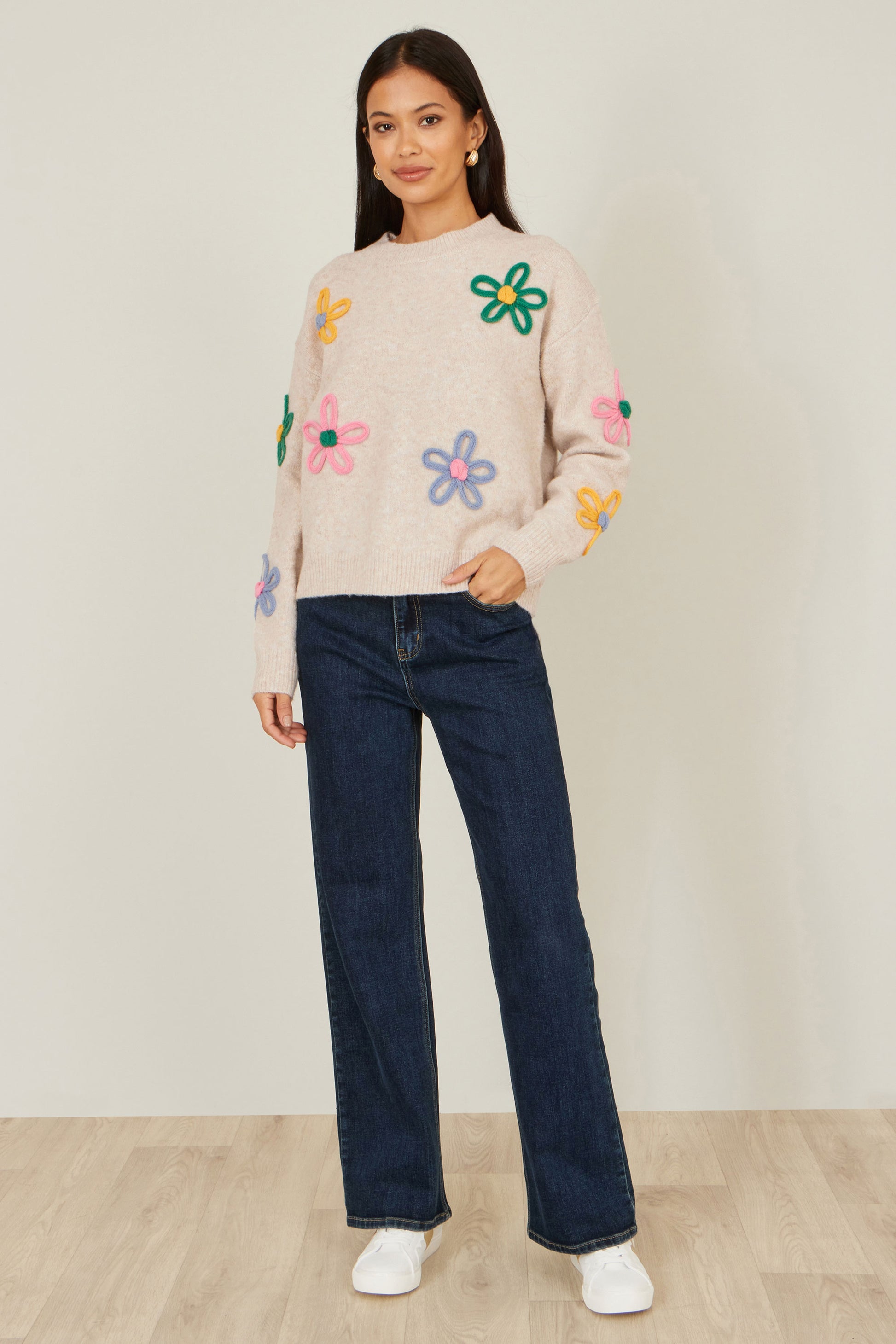 Yumi Oatmeal Relaxed Flower Embroidered Jumper Knit Jumper Yumi