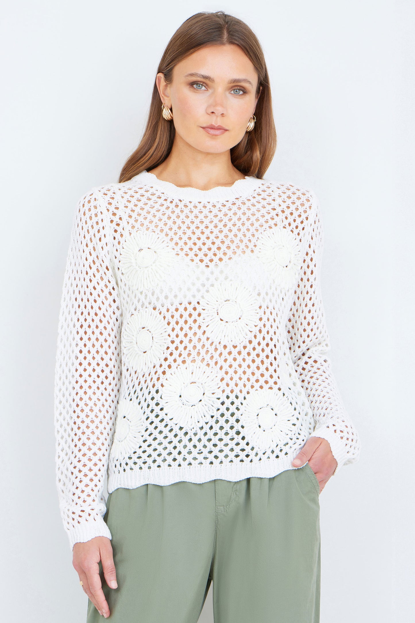 Yumi White Flower Crochet Jumper Knit Jumper Yumi