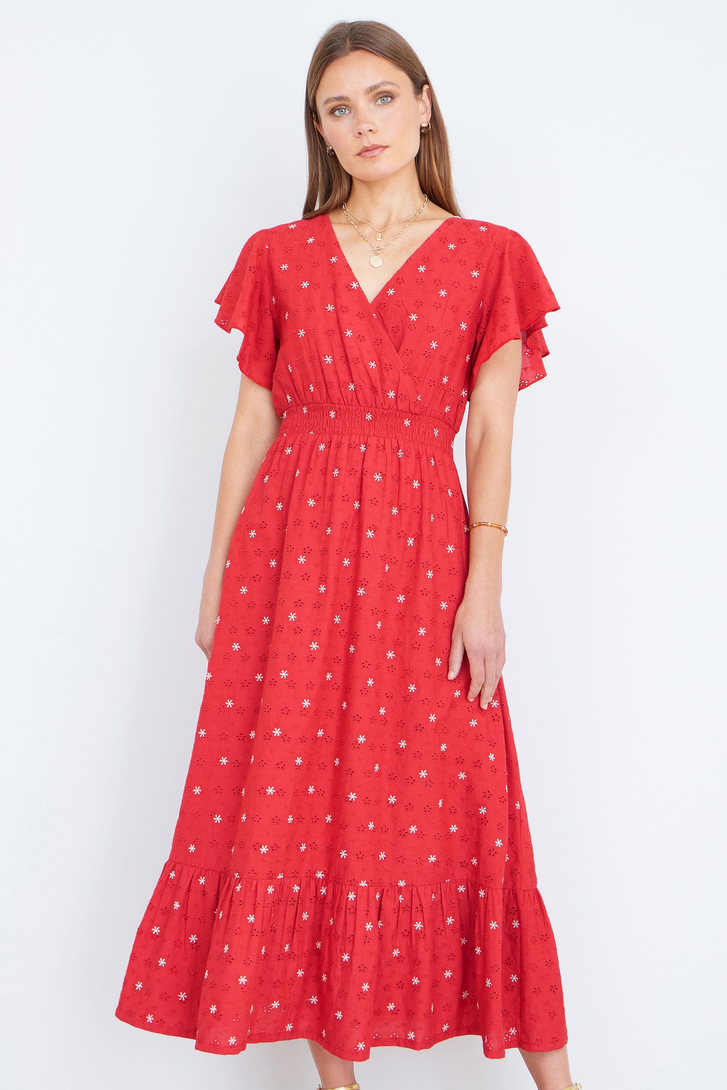 Yumi Red Broderie Anglaise Wrap Midi Dress With Flower Embroidery Dress Casual Yumi